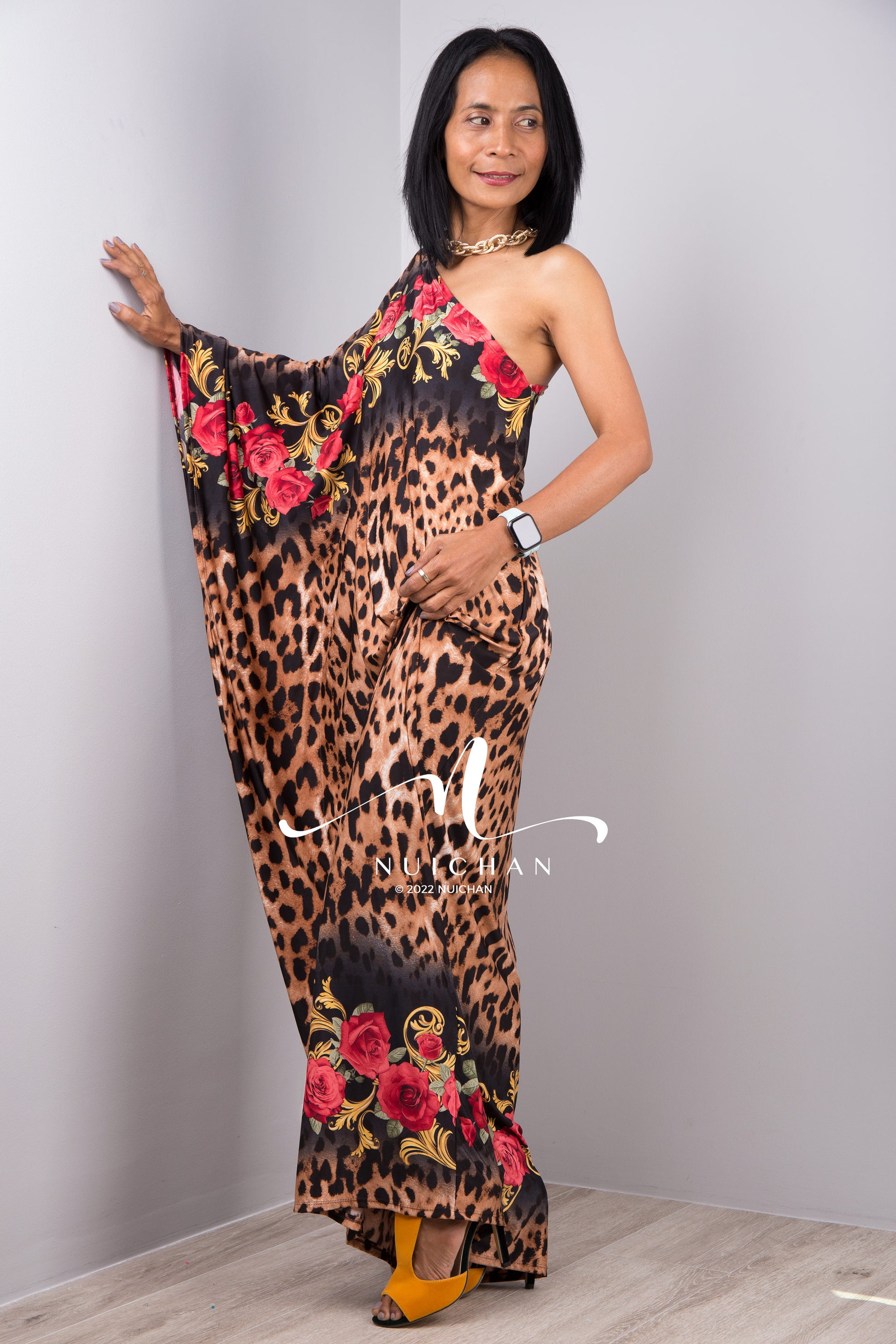 Nuichan Women's Off the shoulder boho chic leopard print maxi dress 