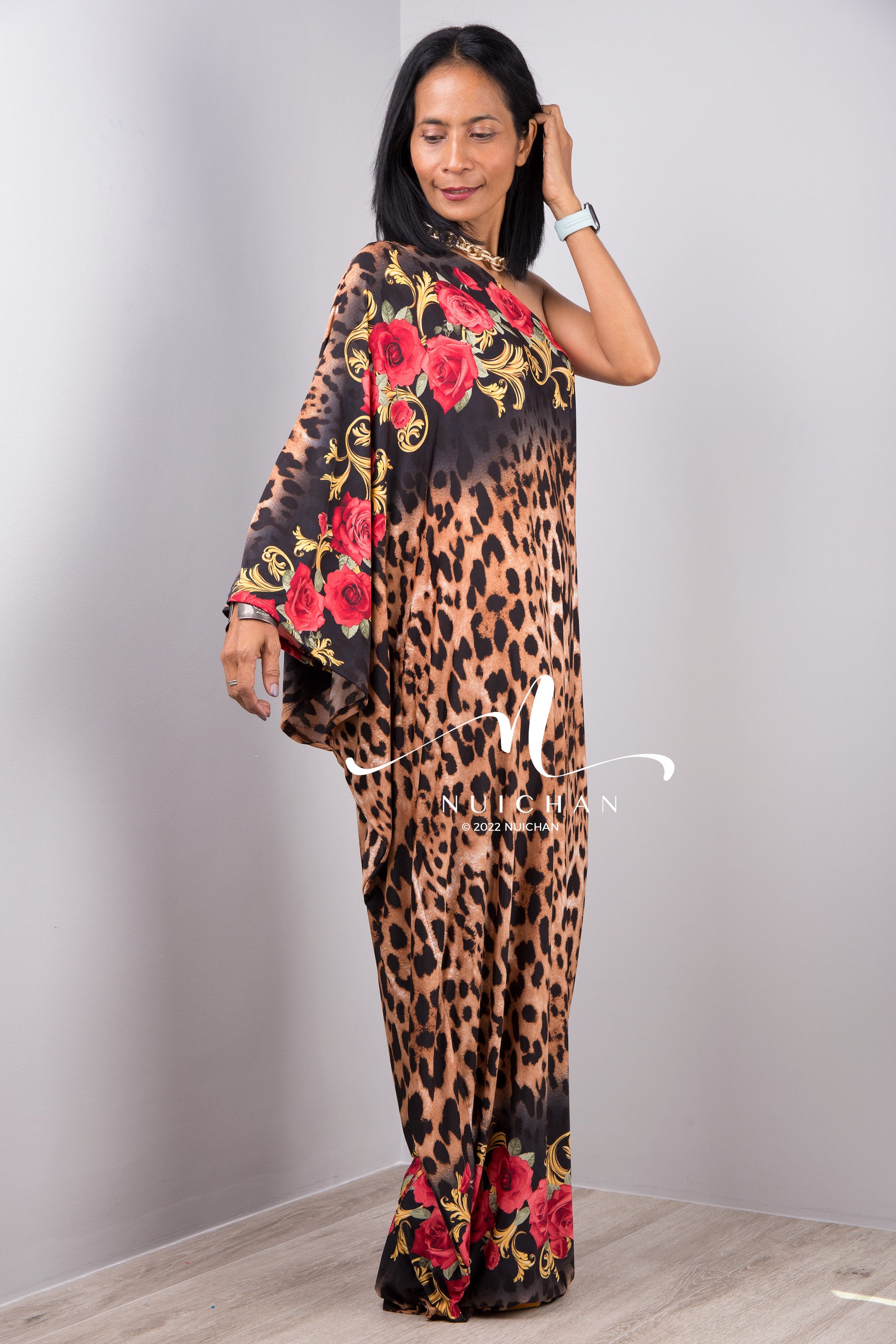 Nuichan Women's Off the shoulder boho chic leopard print maxi dress 