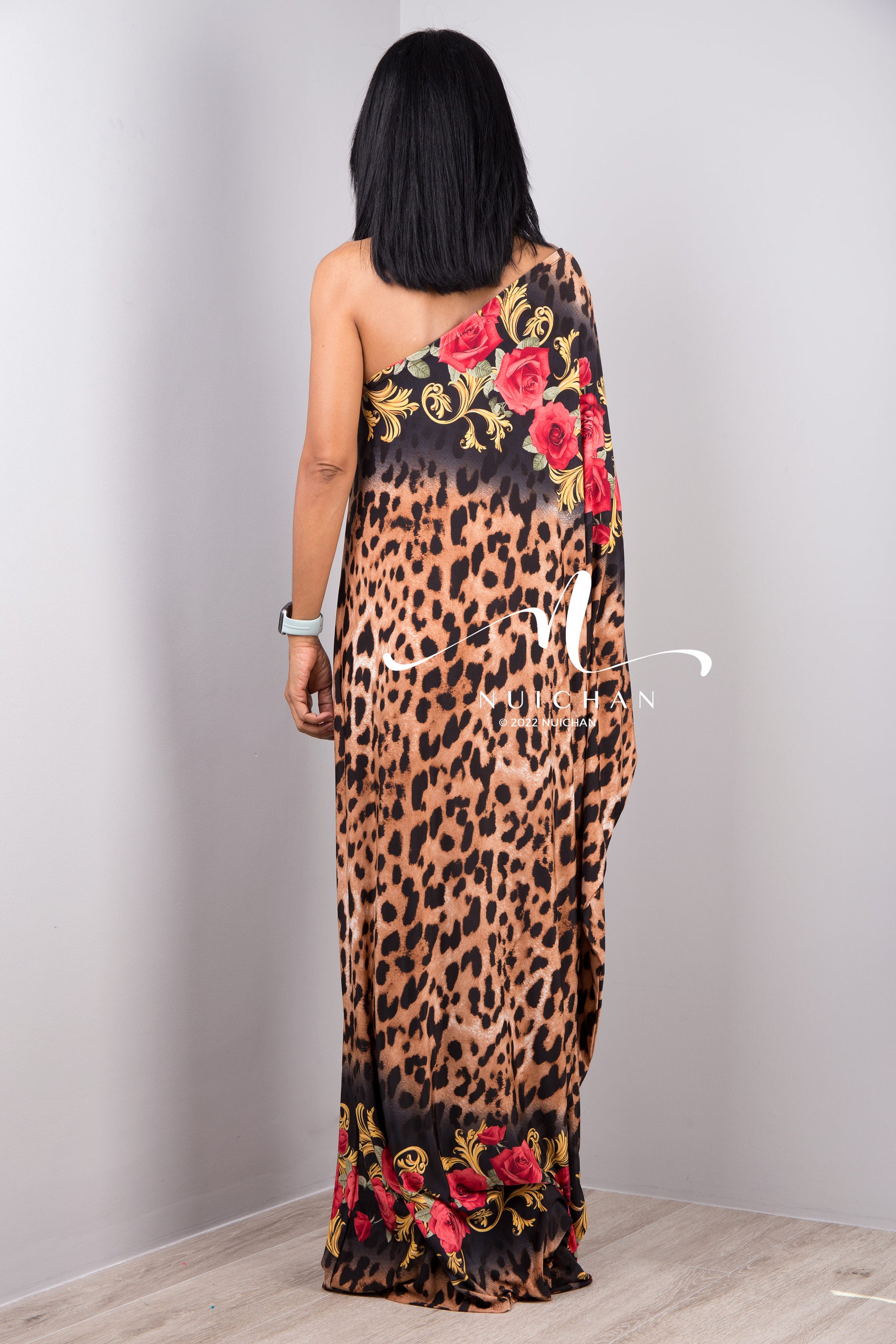 Nuichan Women's Off the shoulder boho chic leopard print maxi dress 