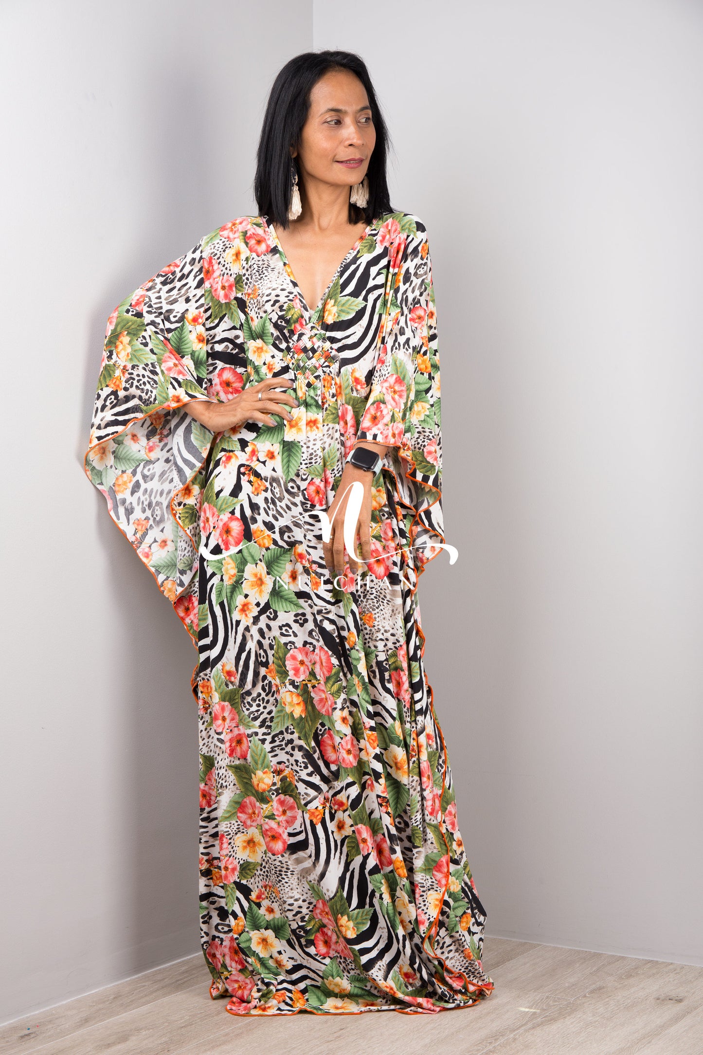 Nuichan Women Kaftan Dress with floral boho print Halston style kaftan