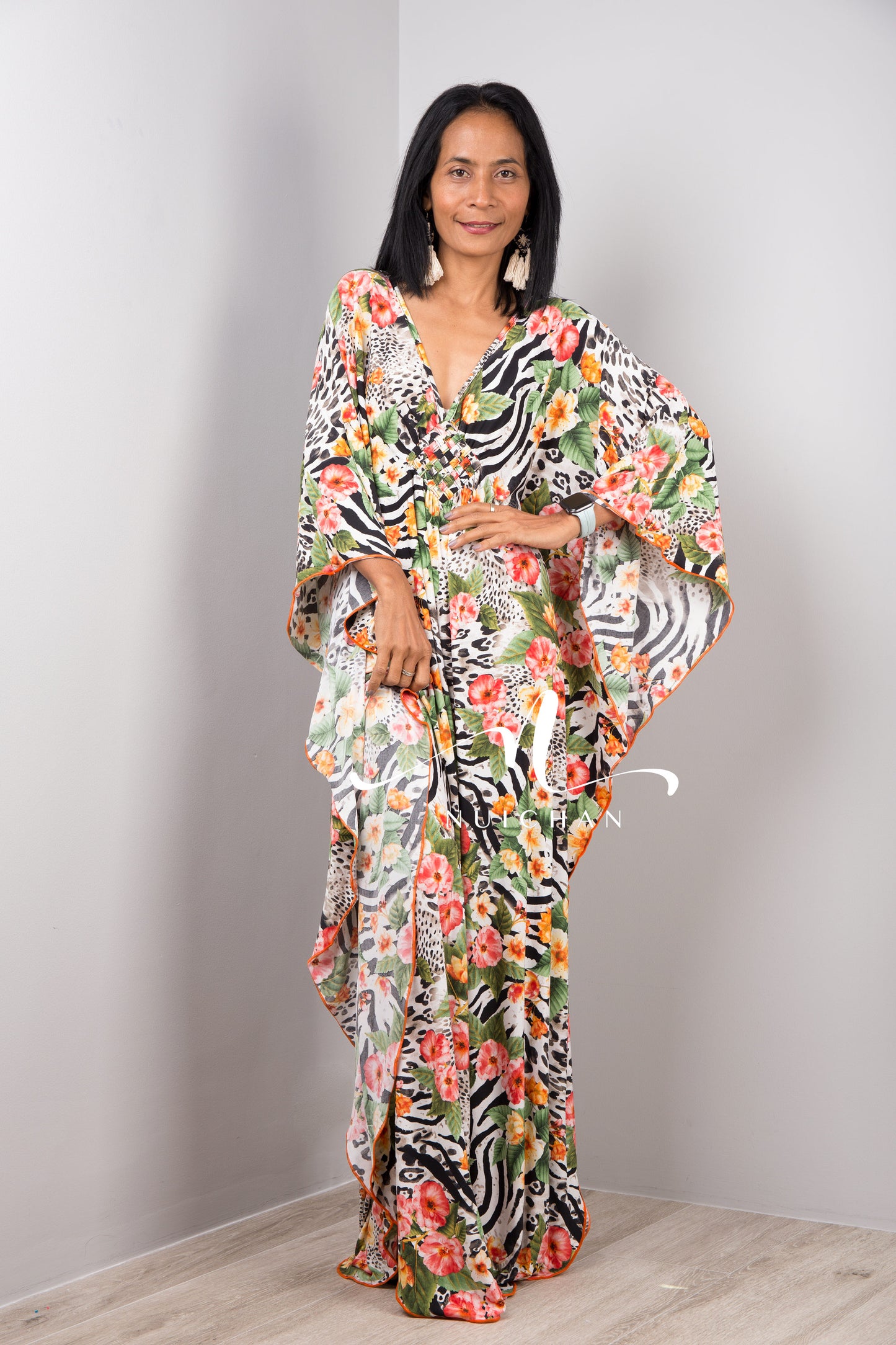 Nuichan Women Kaftan Dress with floral boho print Halston style kaftan