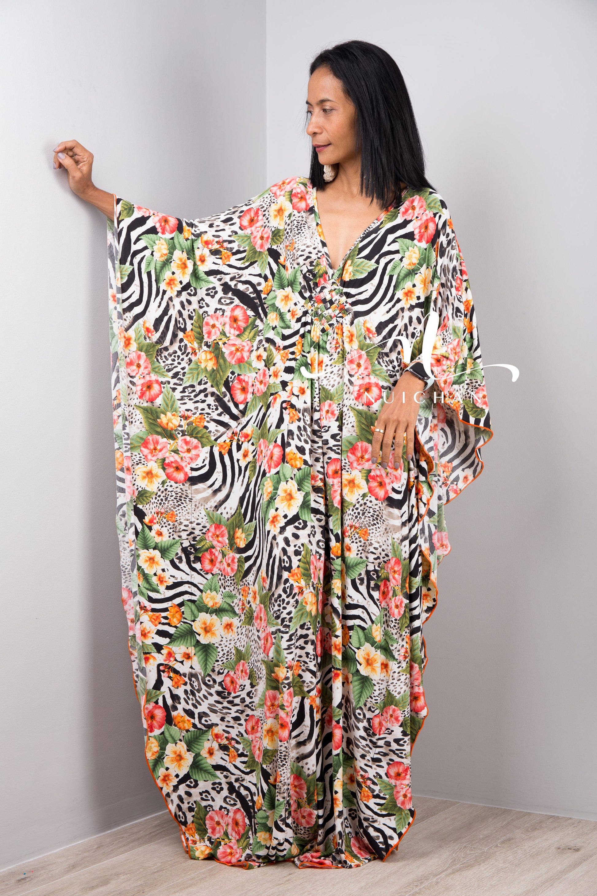 Nuichan Women Kaftan Dress with floral boho print Halston style kaftan