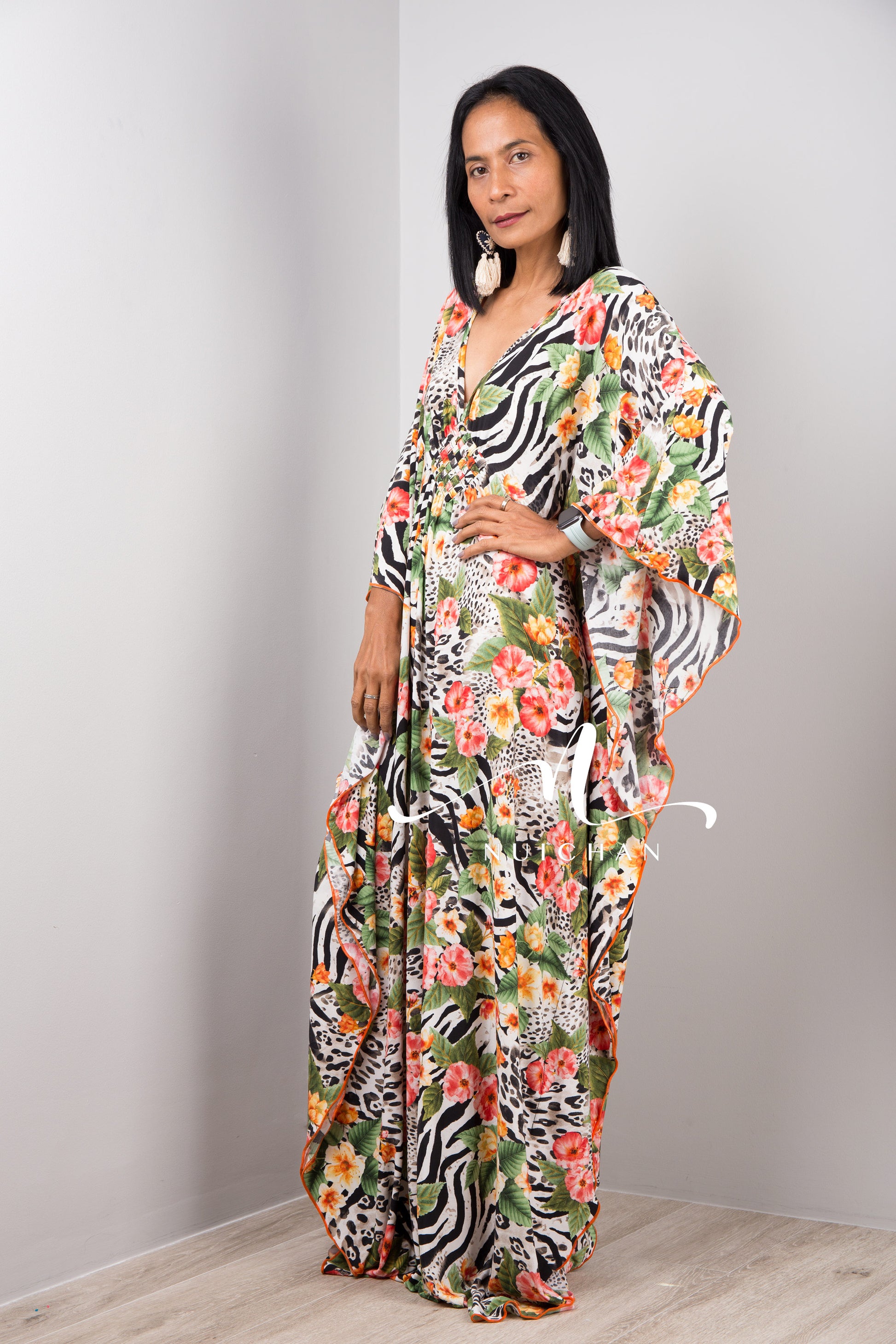 Nuichan Women Kaftan Dress with floral boho print Halston style kaftan