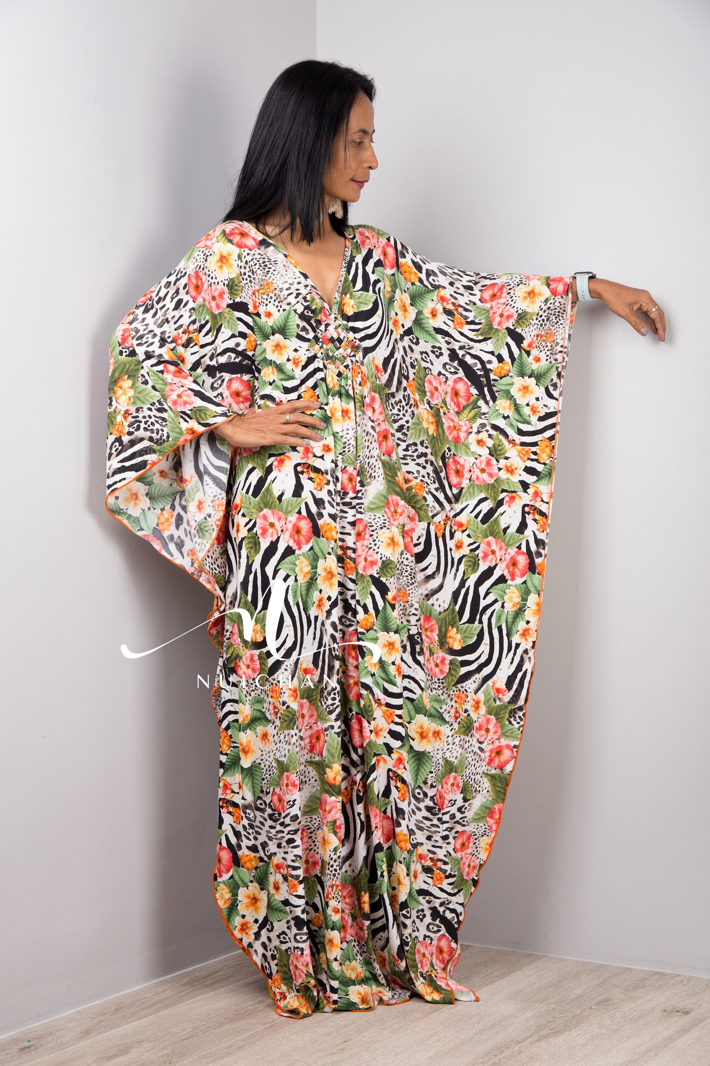 Nuichan Women Kaftan Dress with floral boho print Halston style kaftan