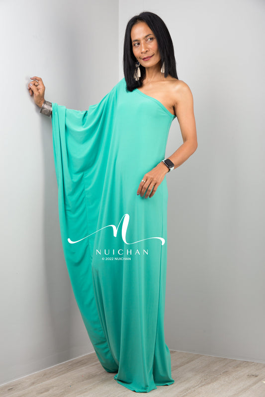 Green asymmetrical one shoulder dress for women by Nuichan, Long mint green dress, Off shoulder evening dress, green cocktail dress