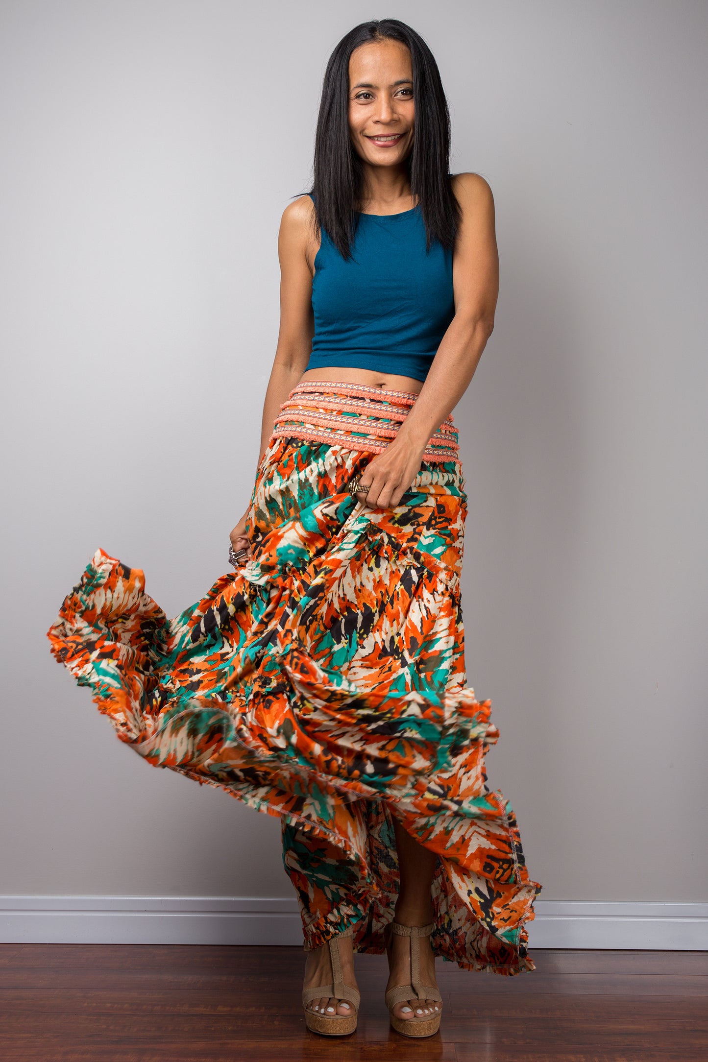 Boho maxi skirt for women.  Cotton boho skirt by Nuichan