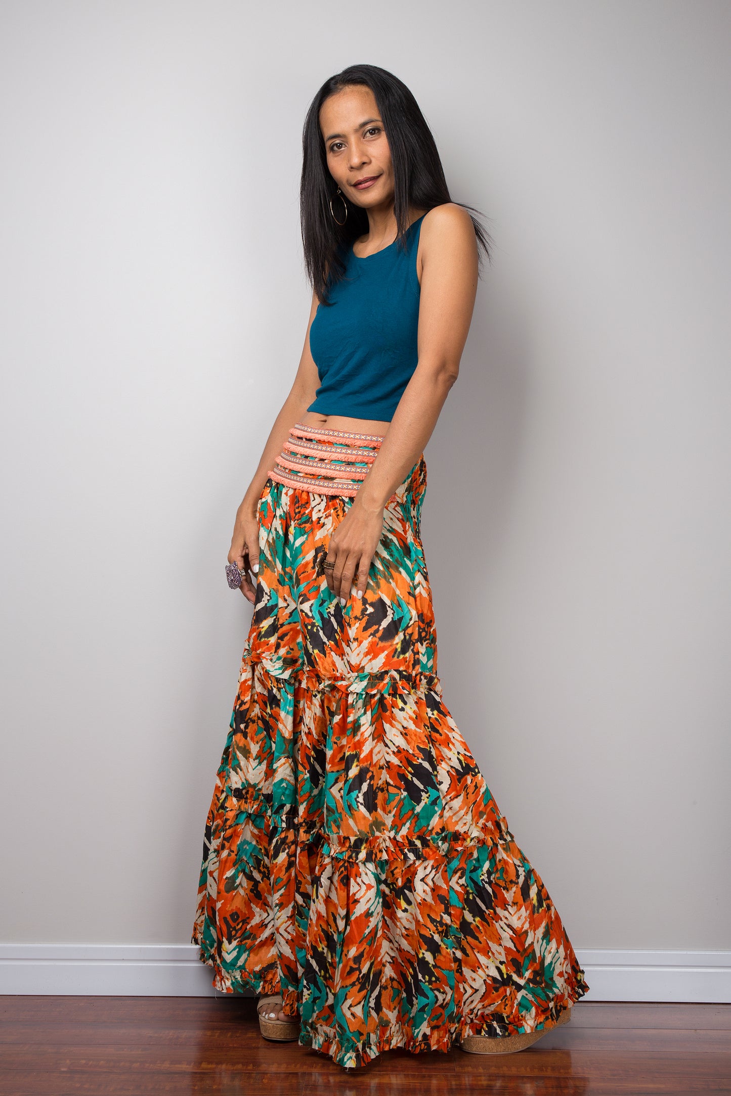 Long boho cotton skirt.  Tiered maxi skirt by Nuichan