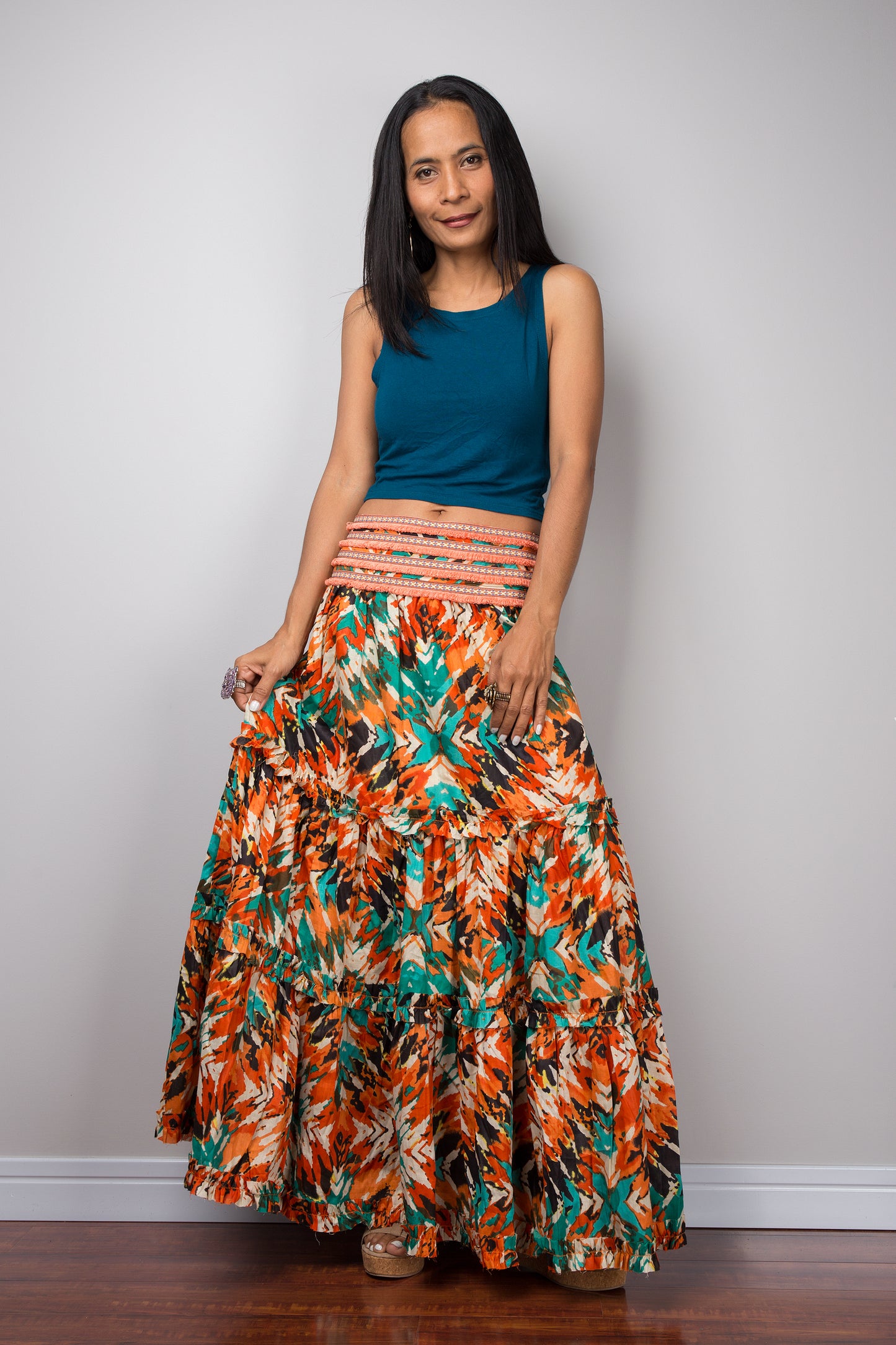 Long orange boho maxi skirt.  Tiered skirt by Nuichan