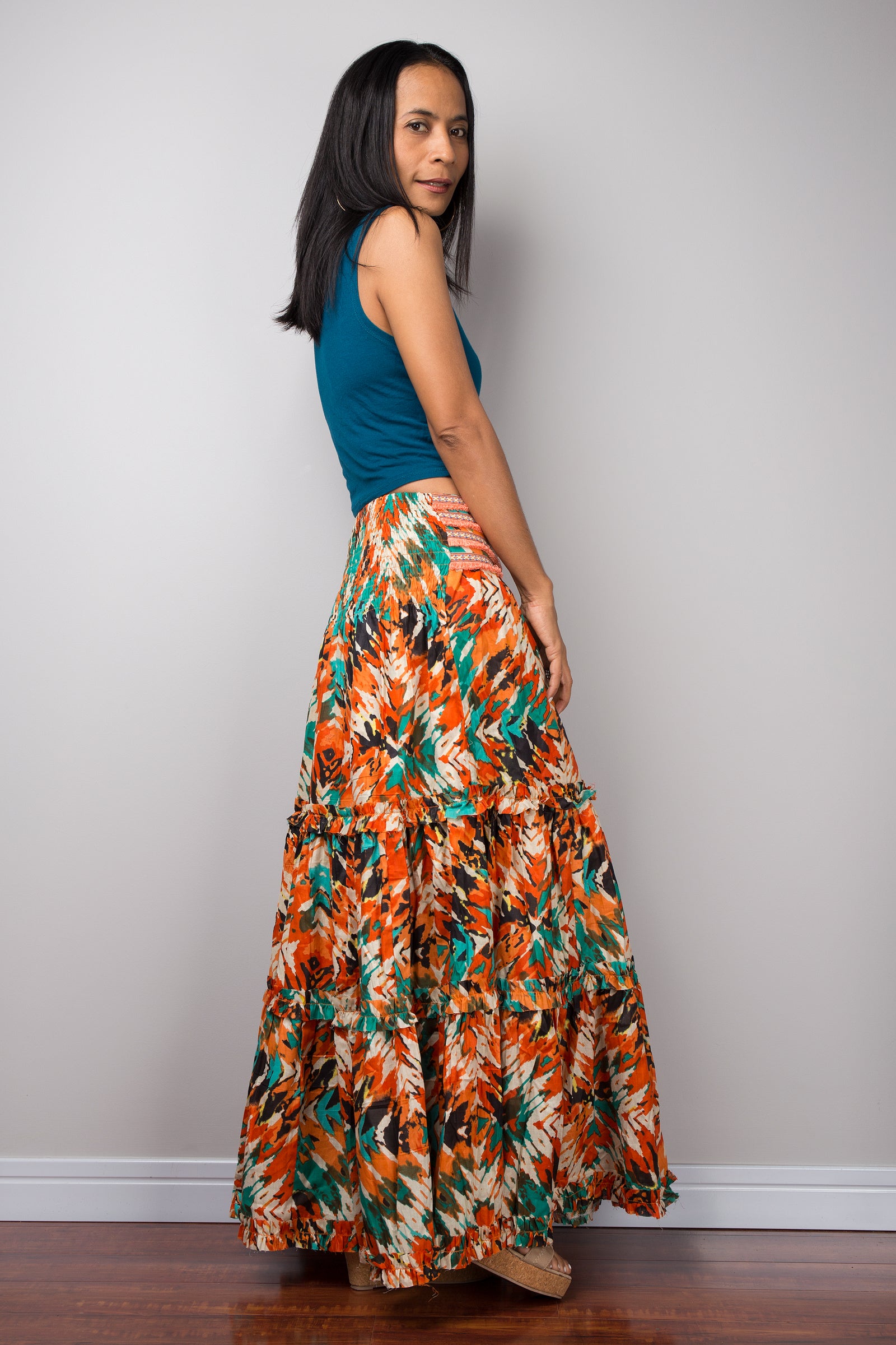 Tiered cotton maxi skirt by Nuichan.  Orange boho skirt