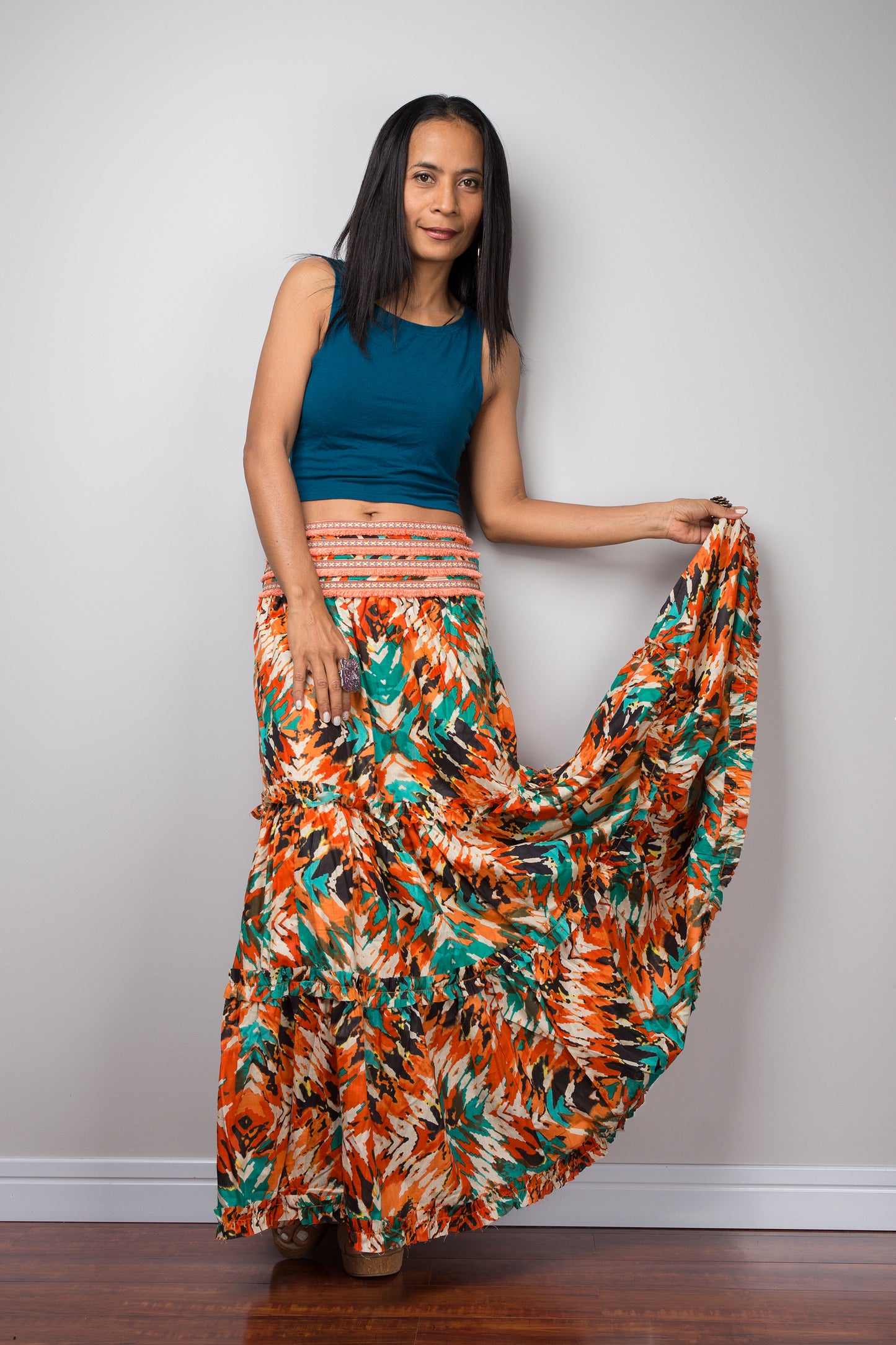 Boho chic cotton skirt.  Tiered maxi skirt by Nuichan