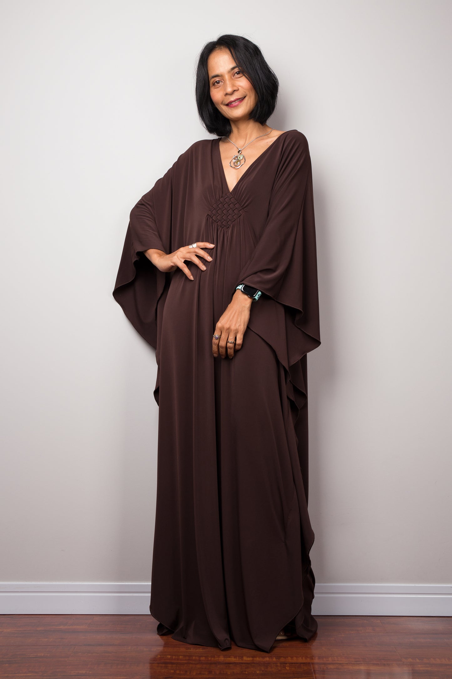 Buy caftans for women online.  Dark chocolate brown kaftan dress by Nuichan