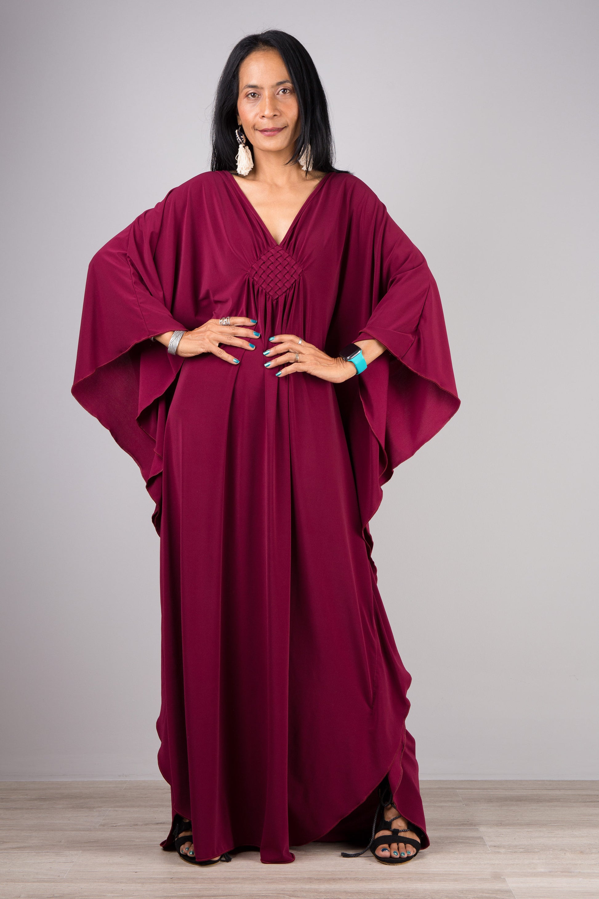 Burgundy kaftan dress - Batwing style sleeve design - front view