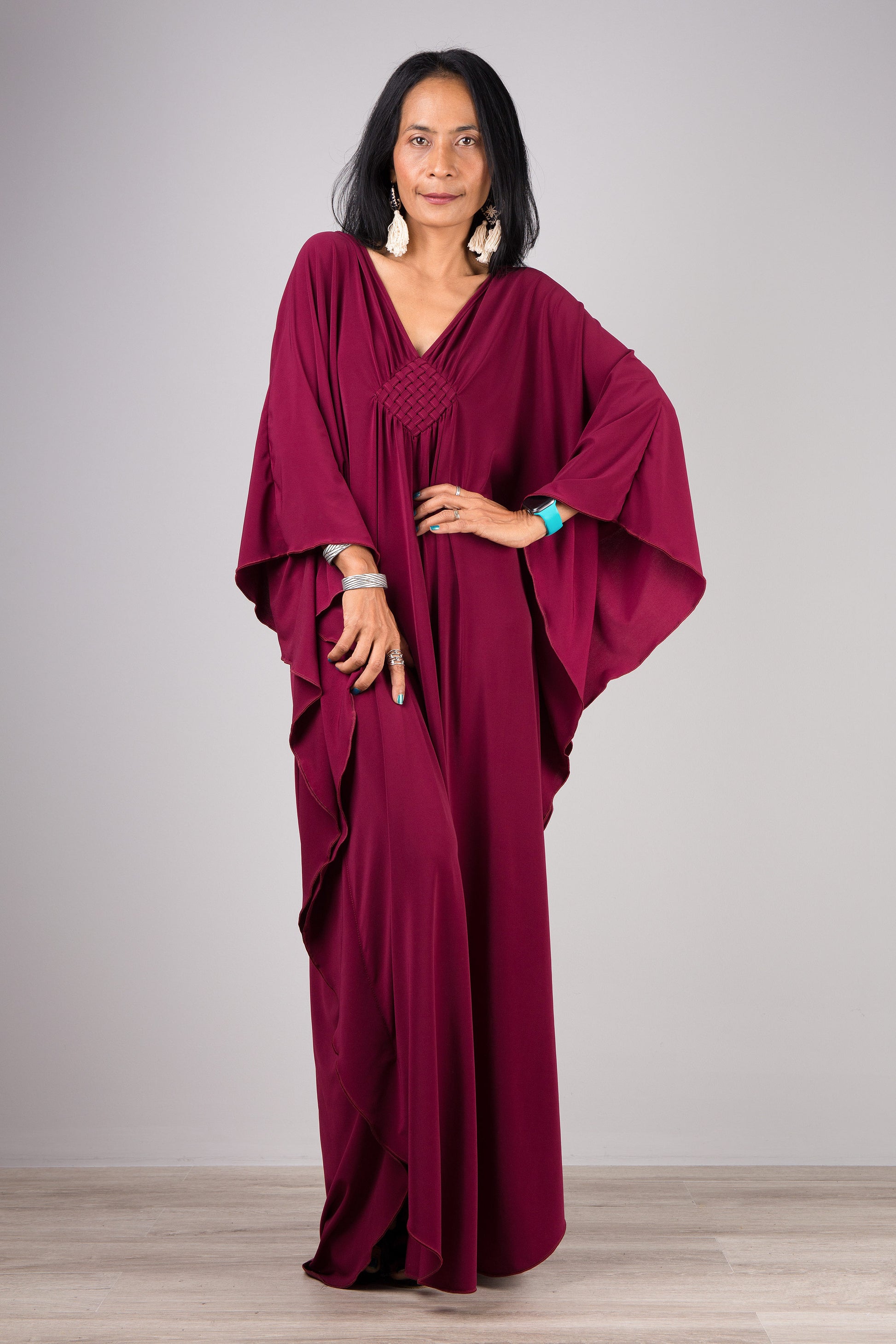 Long burgundy caftan dress - front view