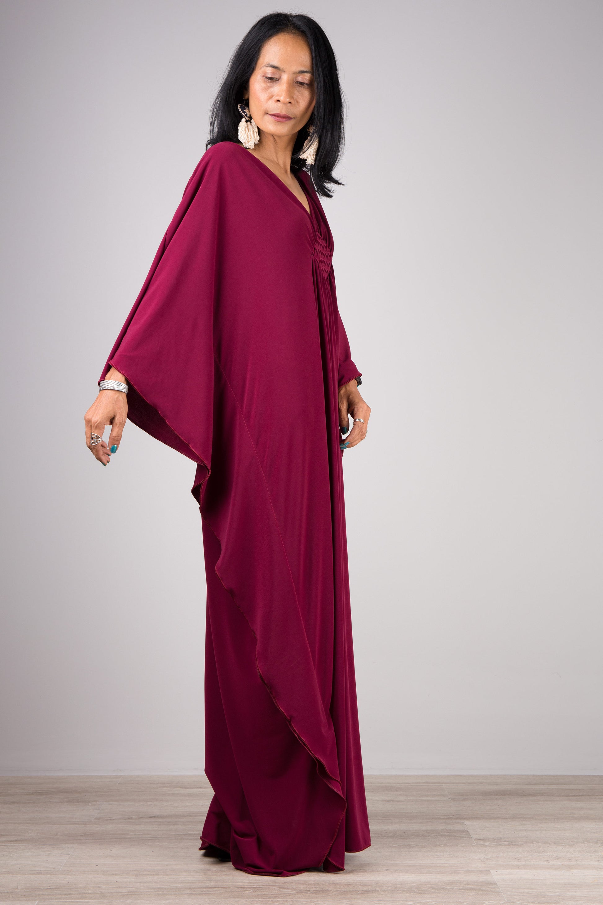 Burgundy kaftan dress by Nuichan - Side view