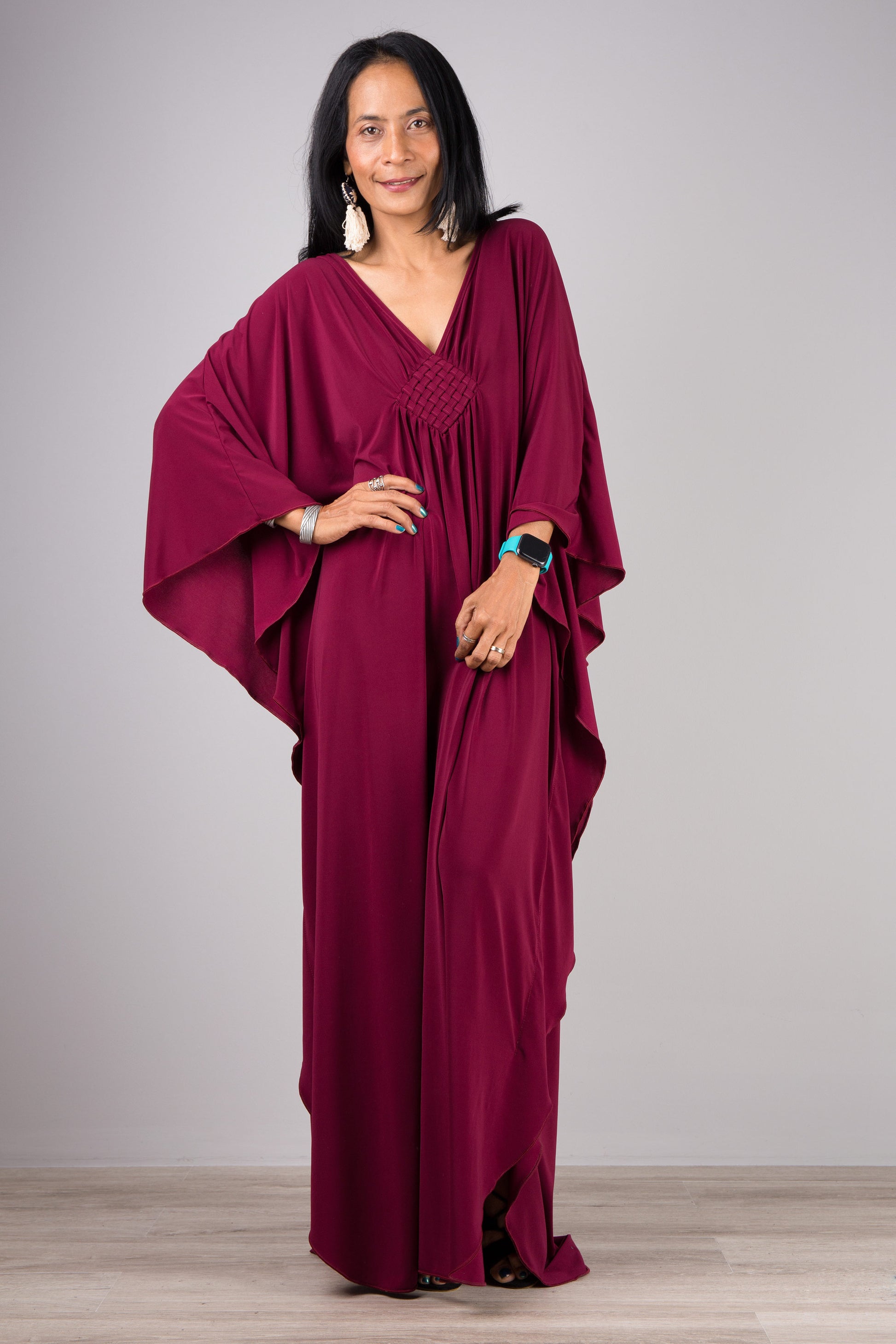 Burgundy caftan dress with batwing sleeves - front view