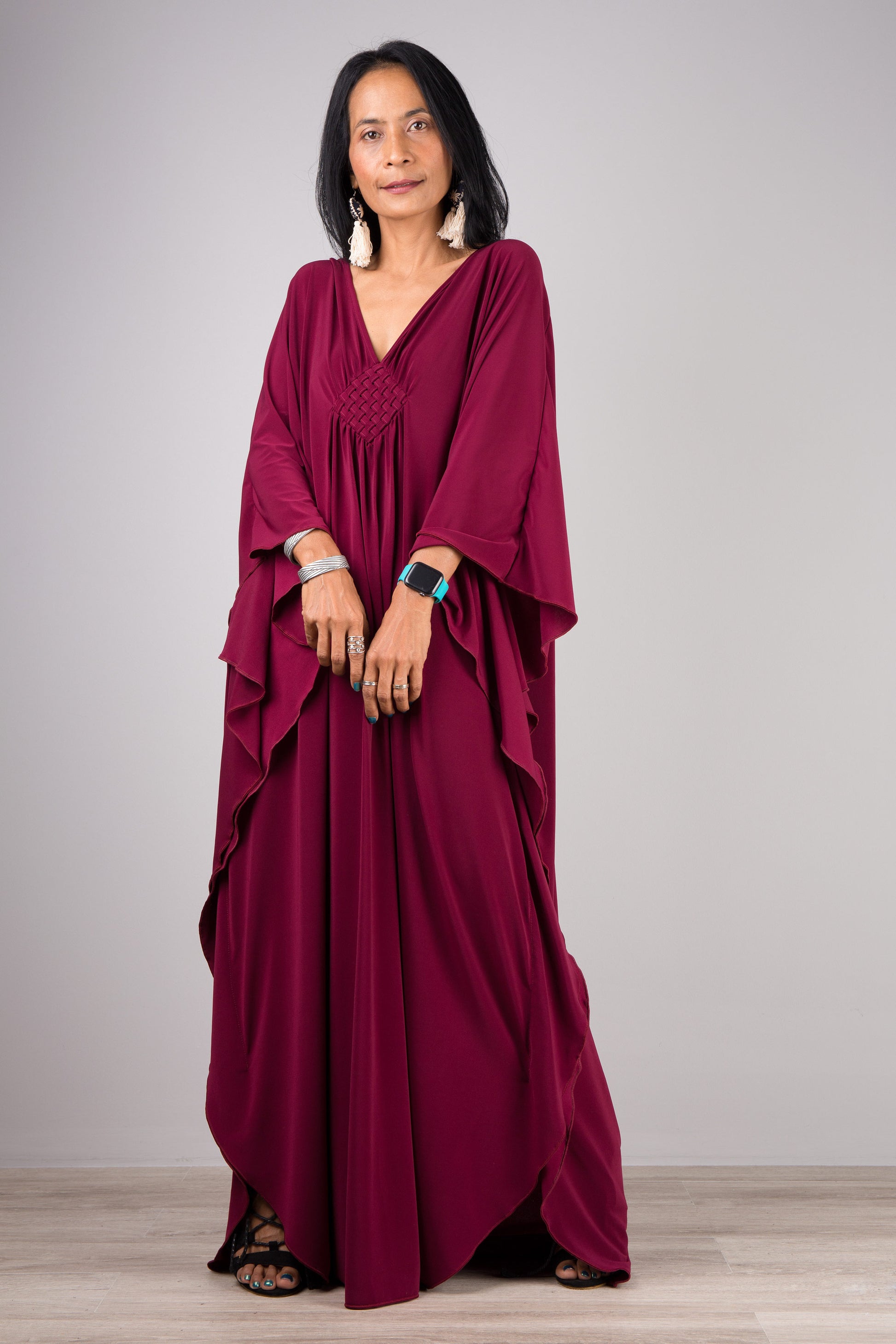 Long burgundy kaftan dress by Nuichan - Batwing sleeve dress