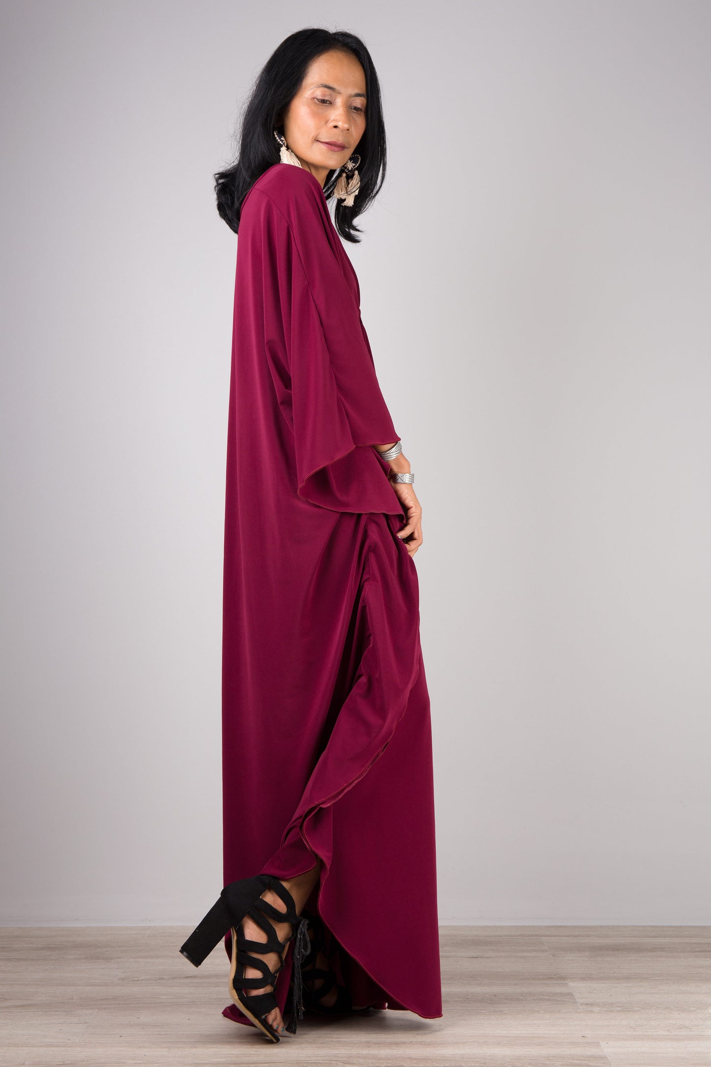 Burgundy kaftan dress by Nuichan - Side view