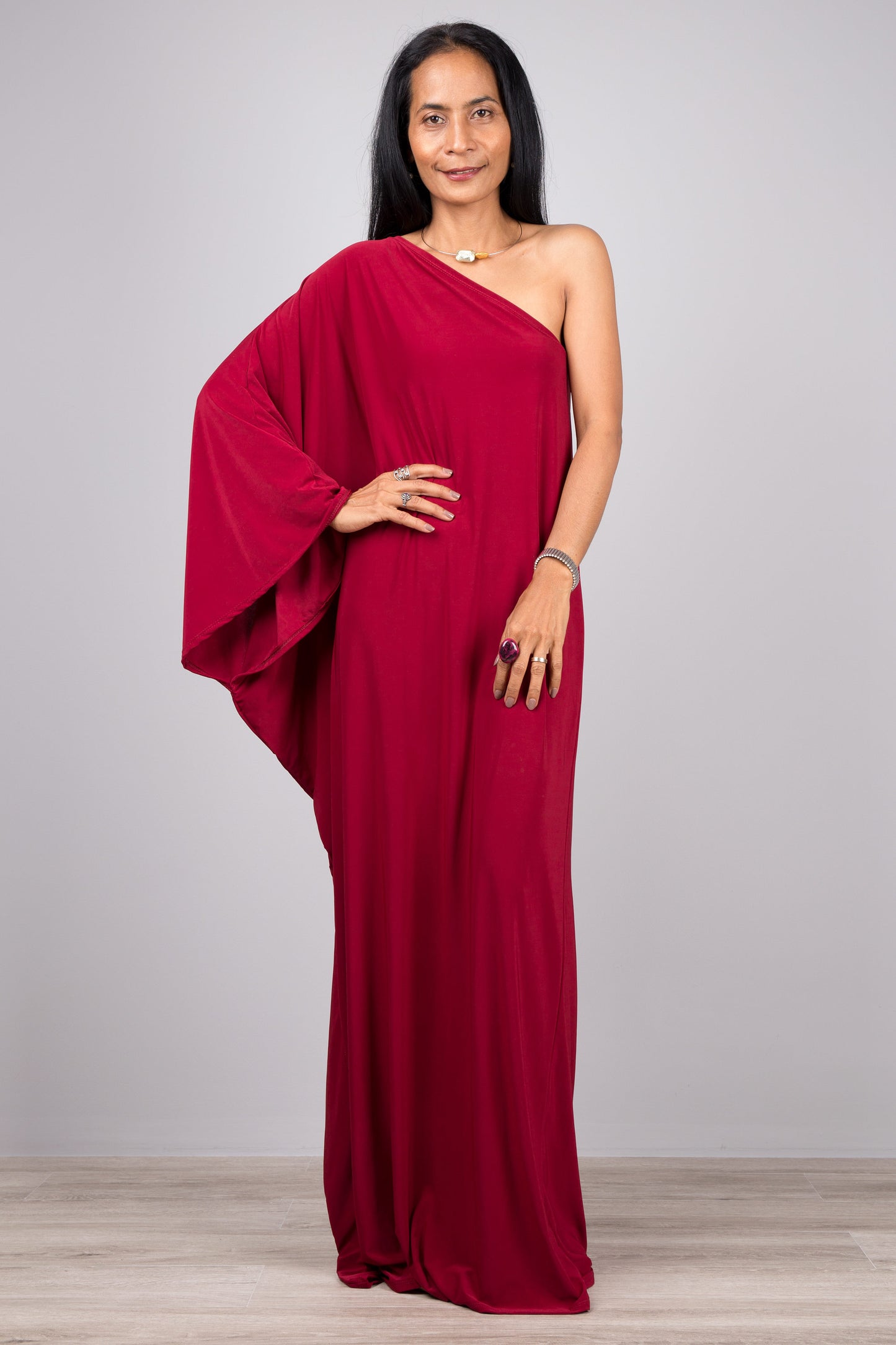 Burgundy red off the shoulder kaftan dress by Nuichan