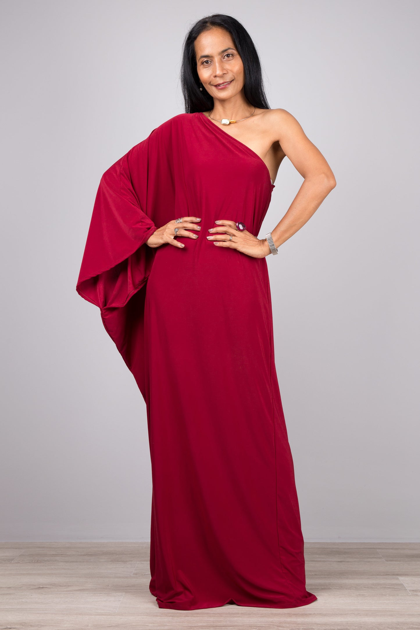 Long red one shoulder kaftan dress by Nuichan