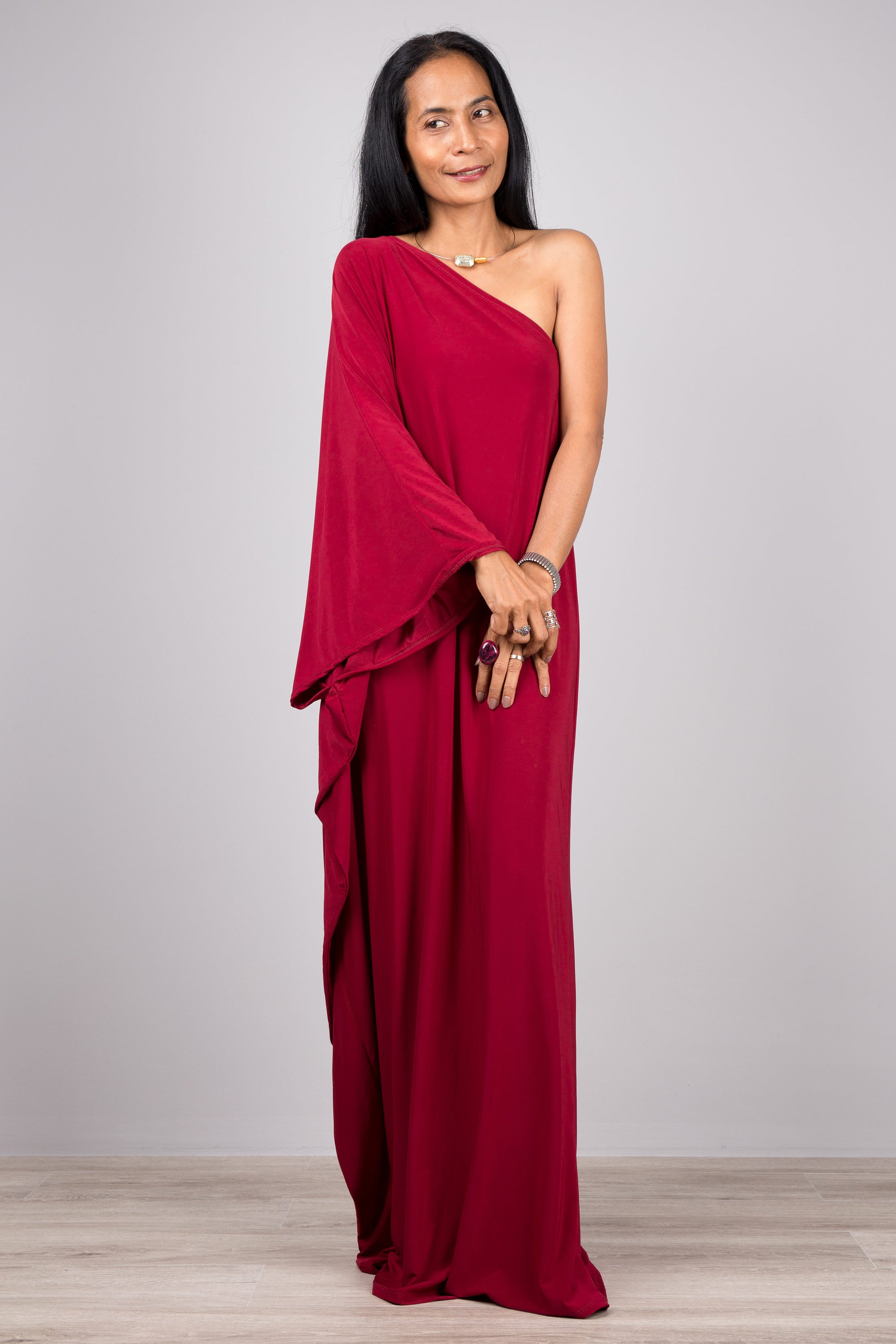 Burgundy one shoulder dress.  Kaftan style off the shoulder evening dress by Nuichan