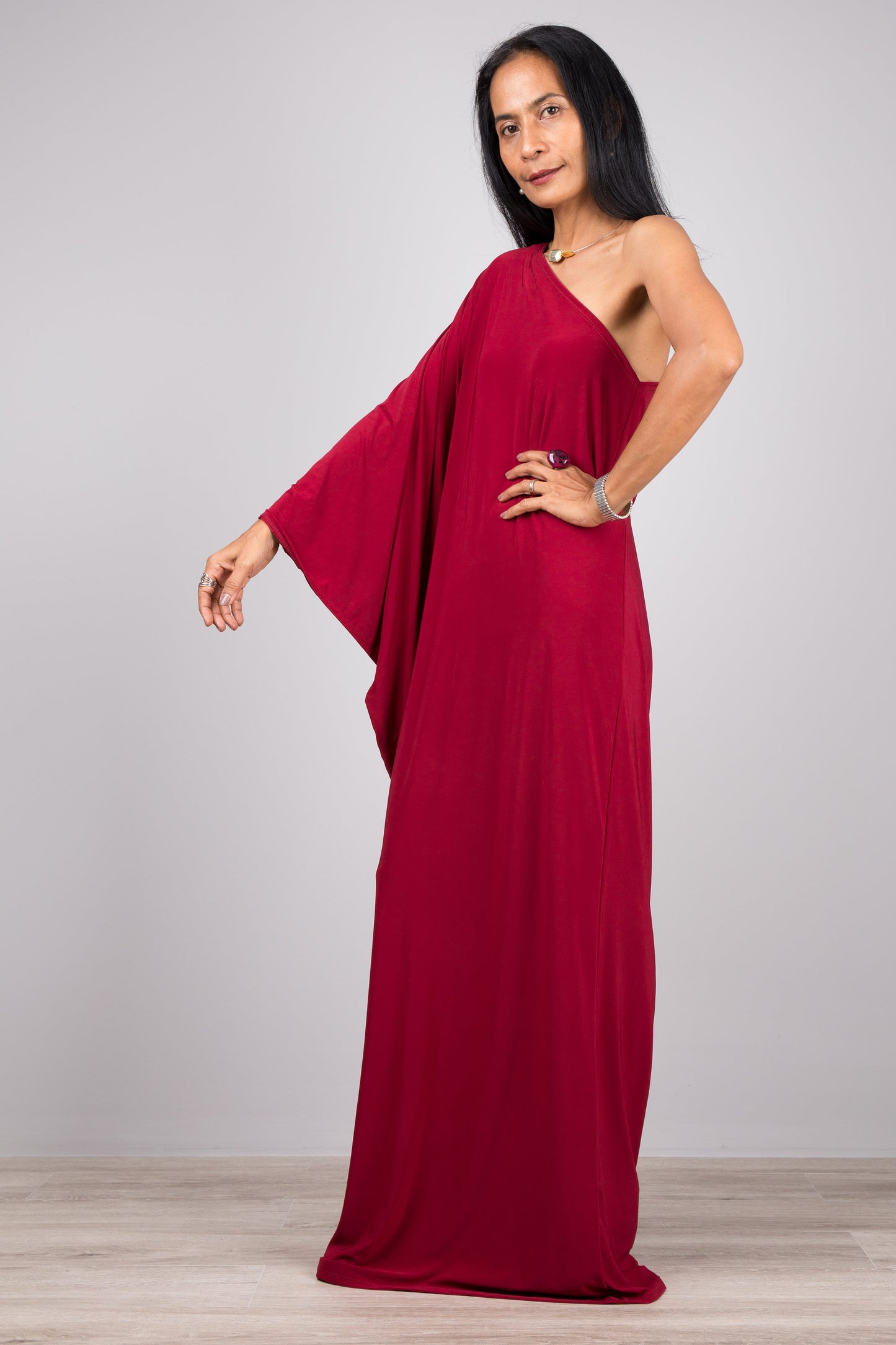 Burgundy one shoulder evening dress by Nuichan