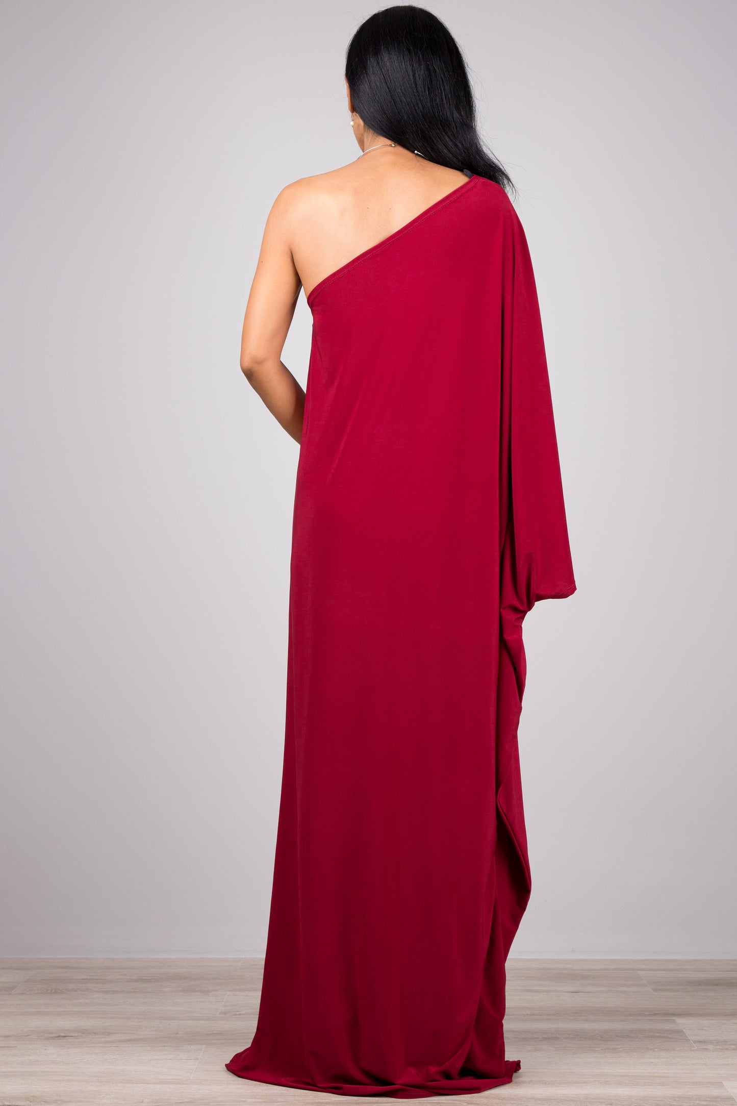 Long red one shoulder evening dress.  Off the shoulder kaftan dress by Nuichan