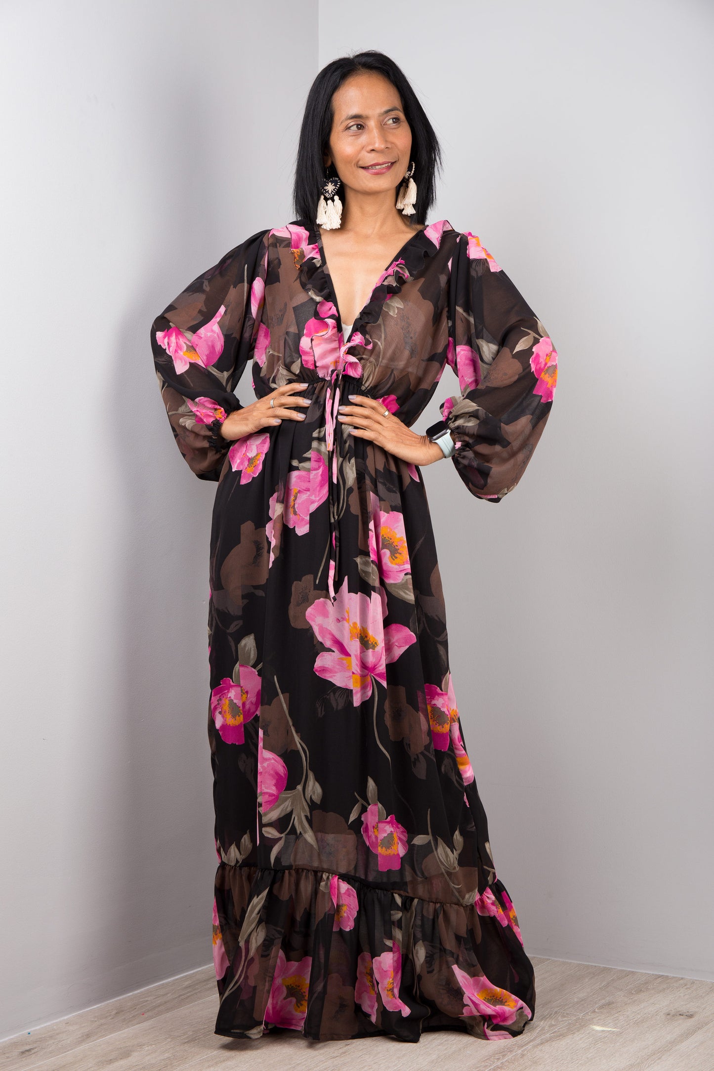 Black sheer chiffon maxi dress with long sleeves and pink floral print