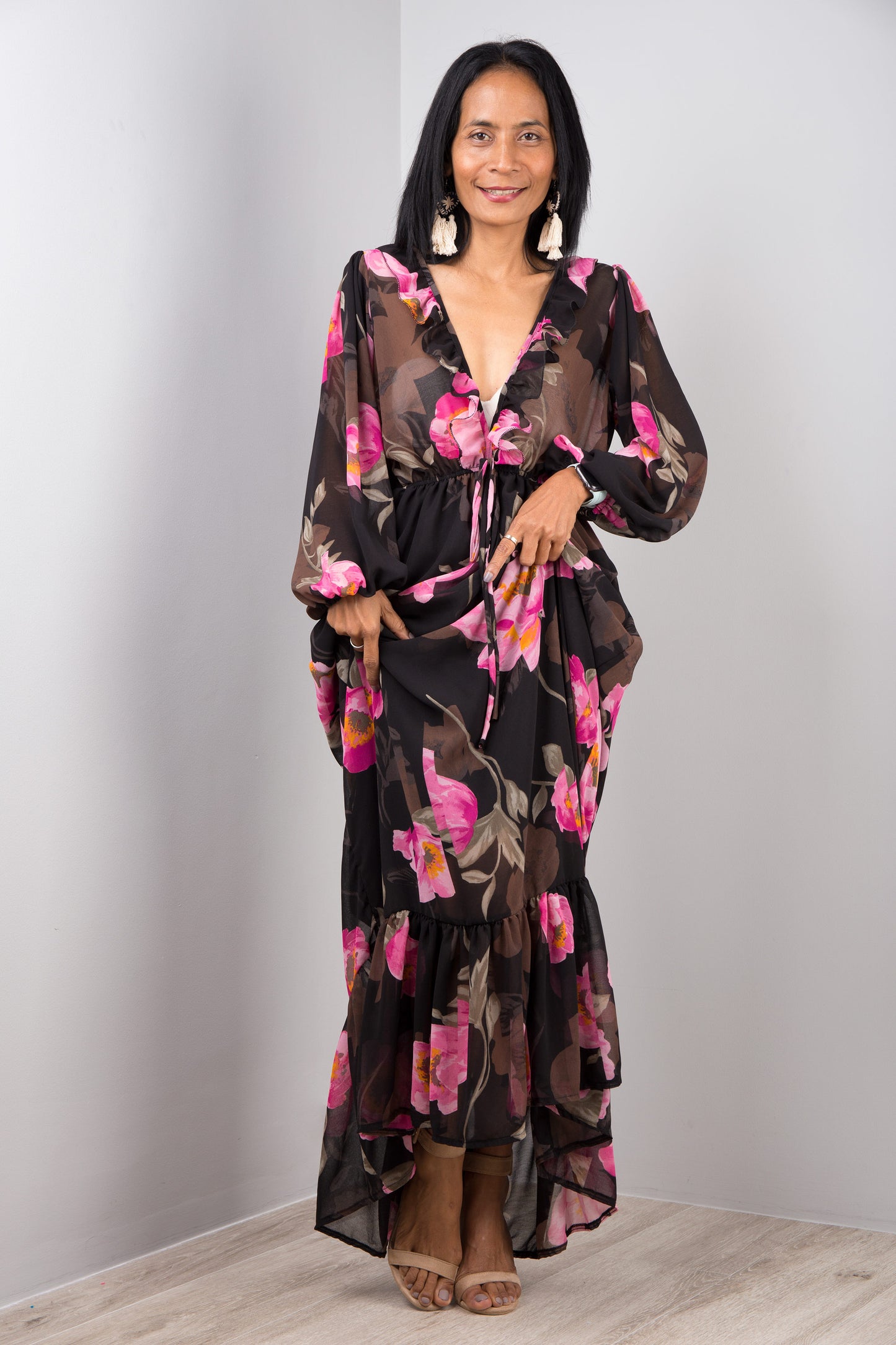 Black chiffon dress with pink flowers. Sheer dress with long sleeves