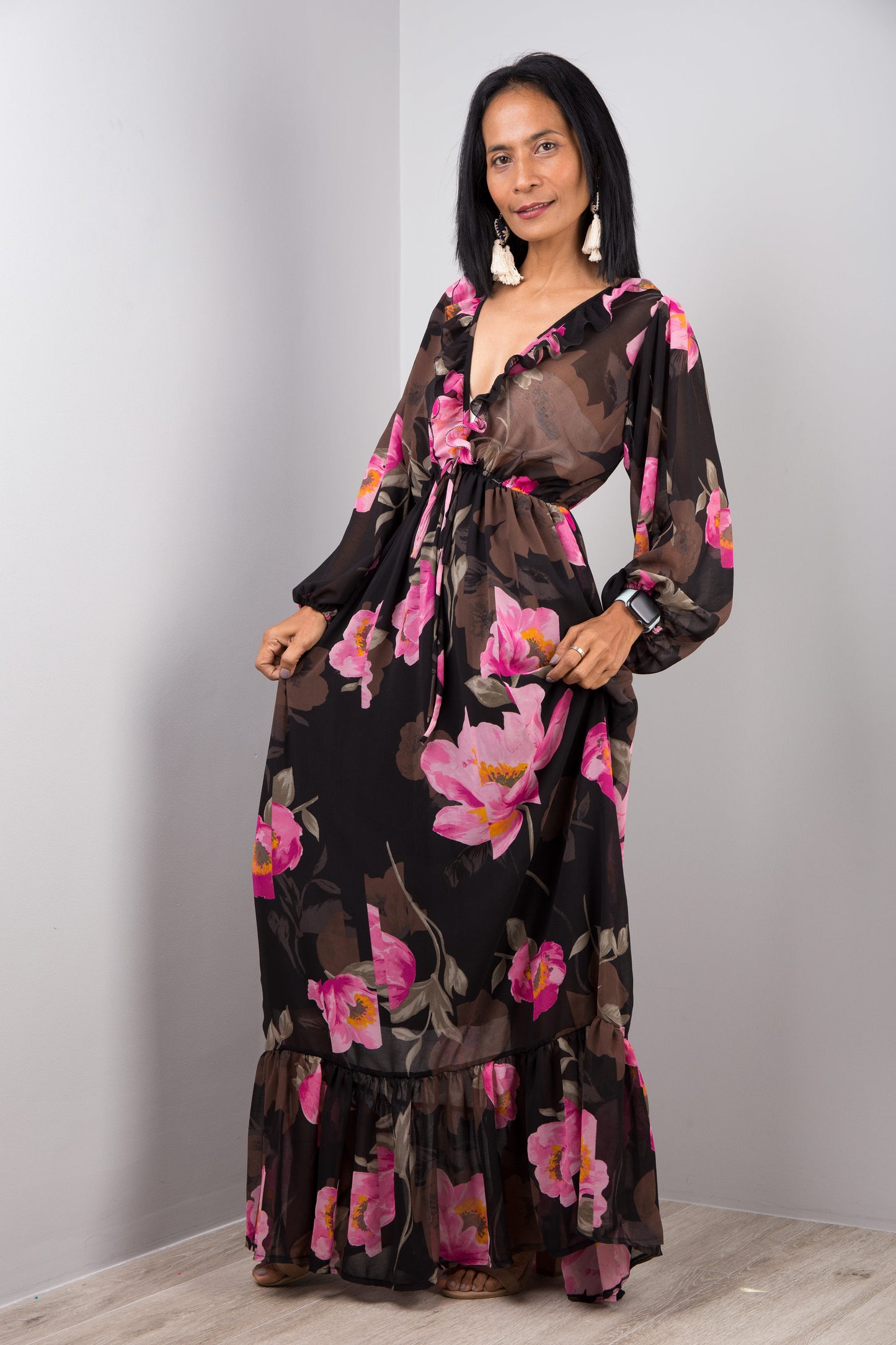 Black chiffon dress with flower print