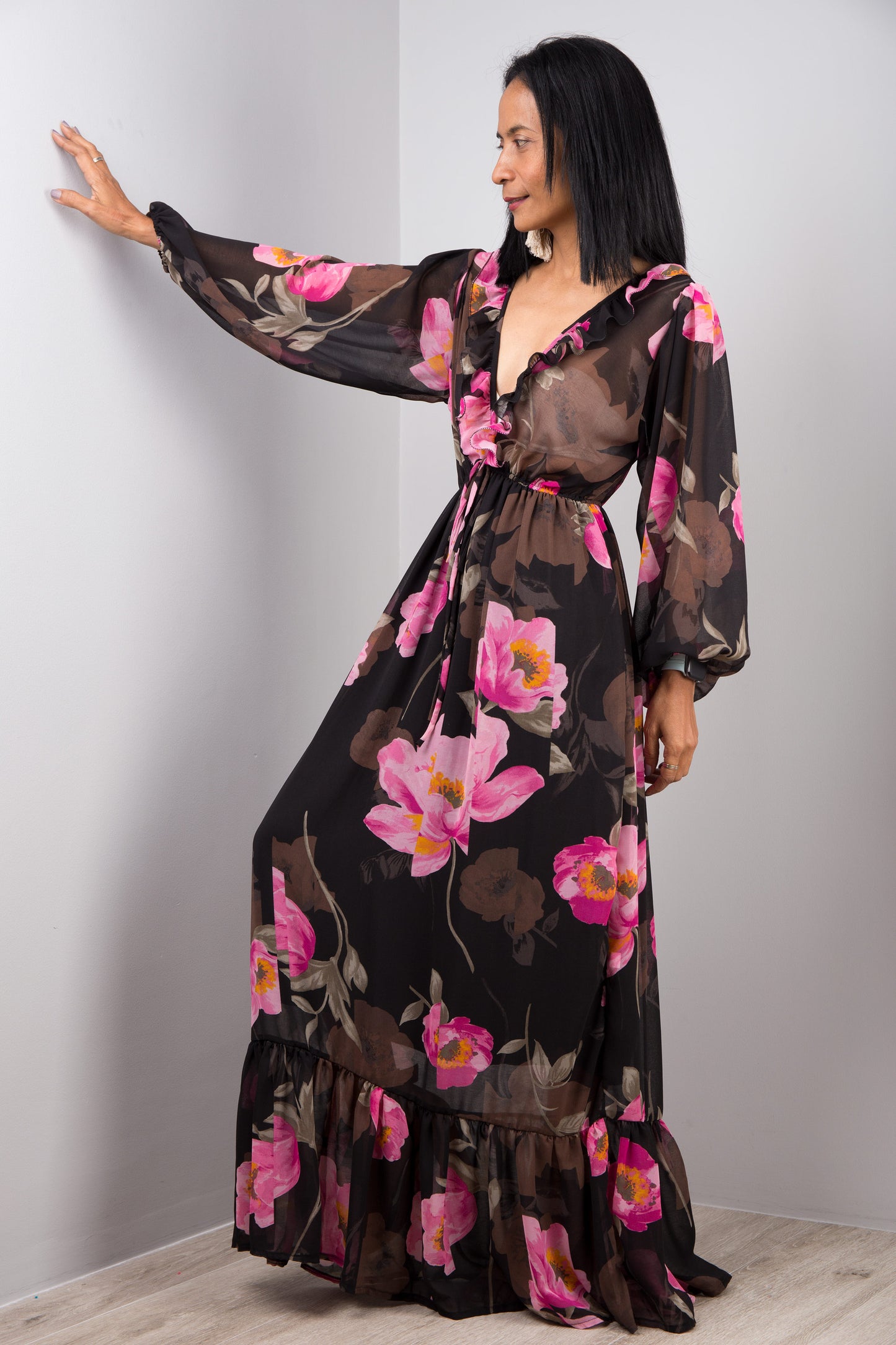 Long black chiffon maxi dress with flower print