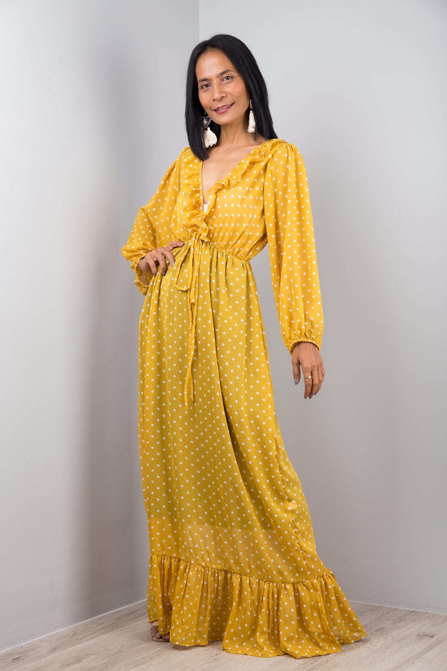 Long yellow maxi dress in chiffon fabric.  High waist maxi with long sleeves