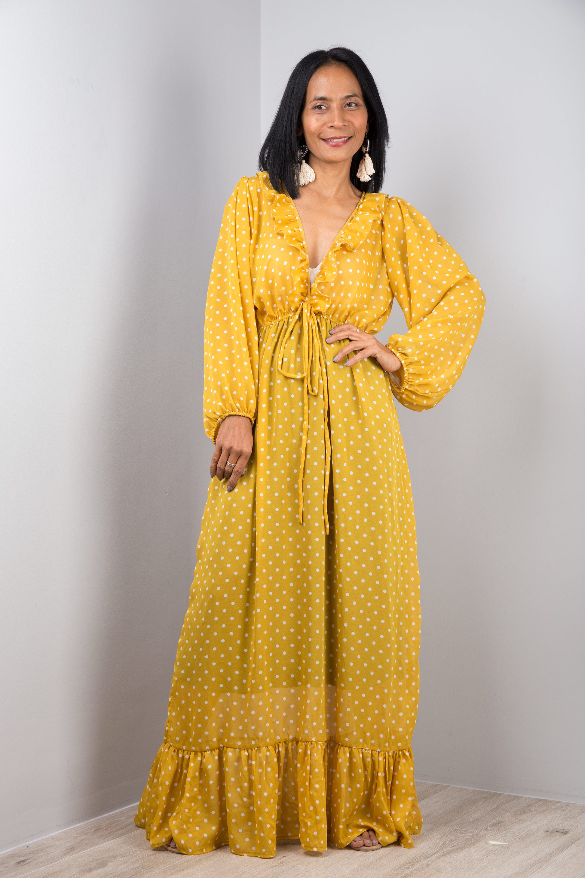 Long yellow chiffon summer dress with polka dot print