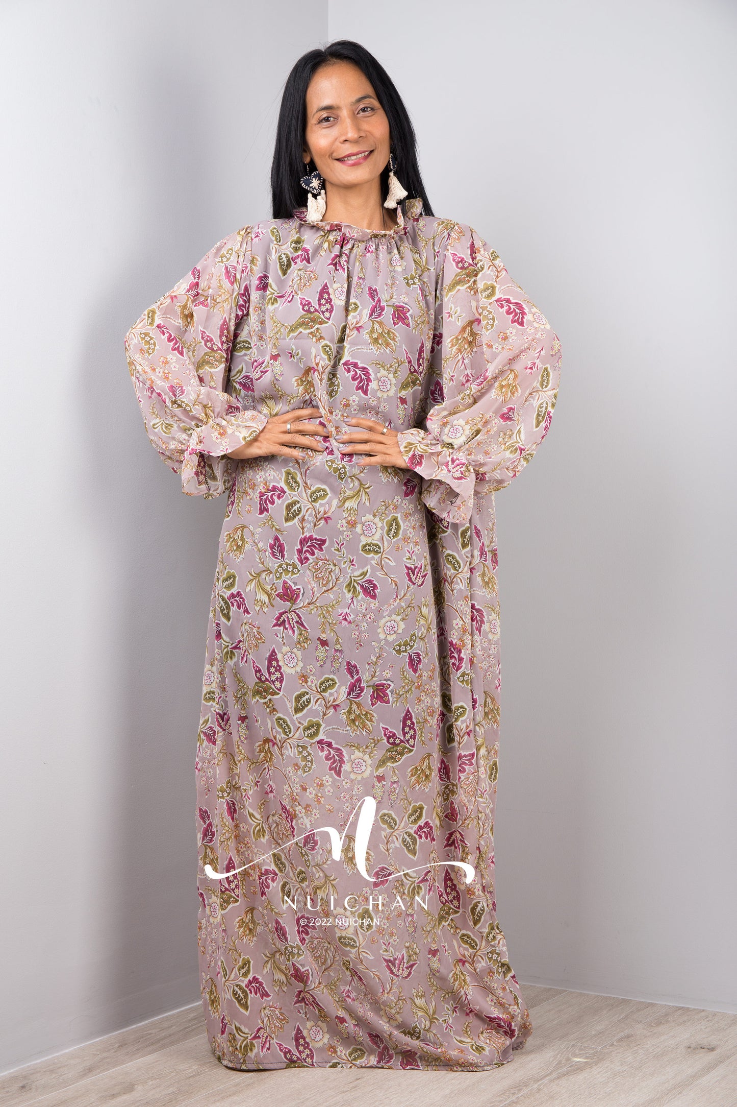 Nuichan women's chiffon maxi dress, long sleeve floral dress .