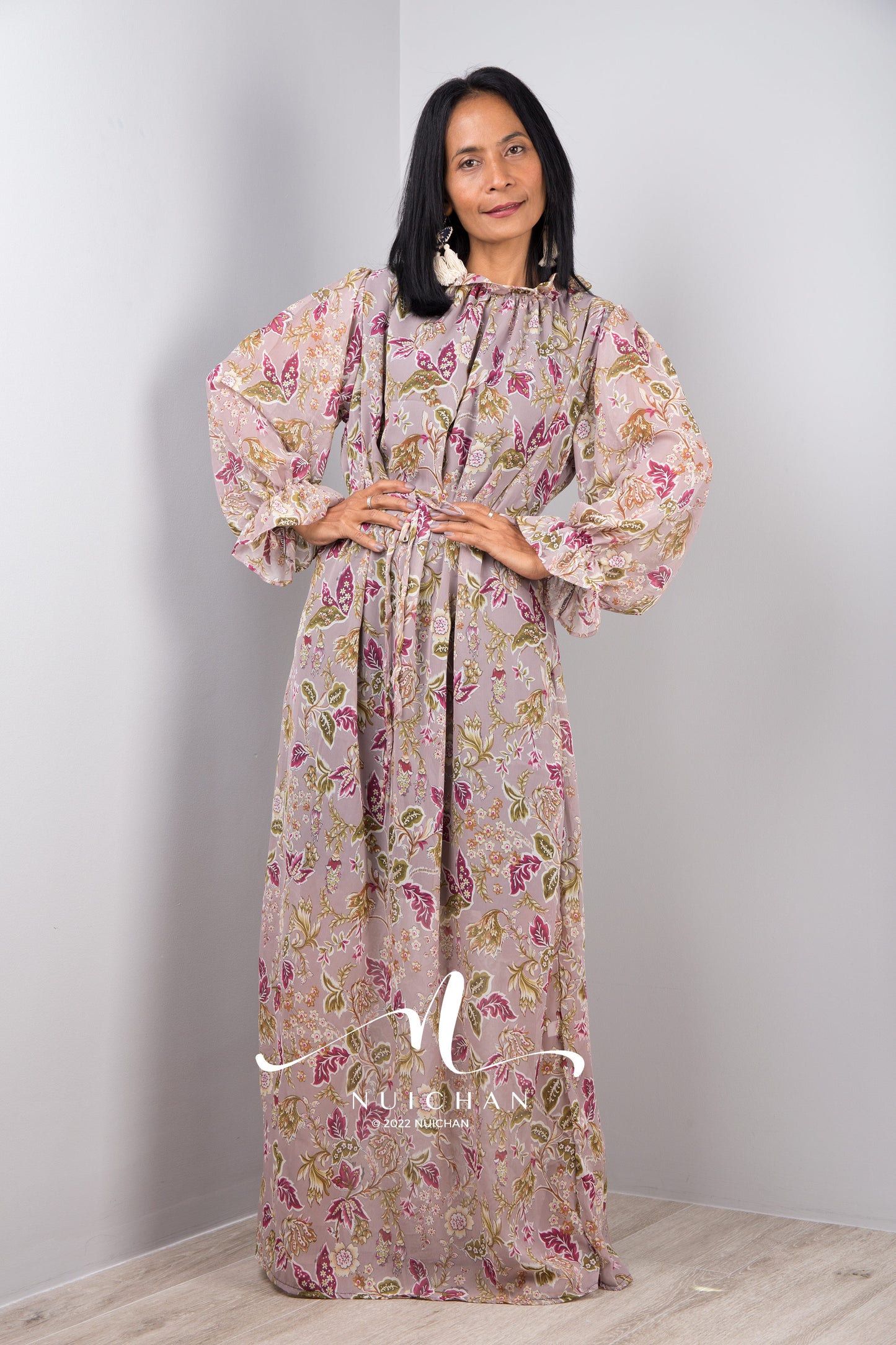 Nuichan women's chiffon maxi dress, long sleeve floral dress .