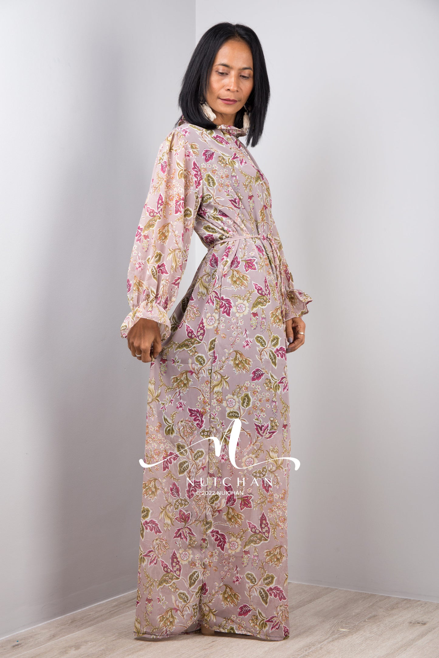 Nuichan women's chiffon maxi dress, long sleeve floral dress .