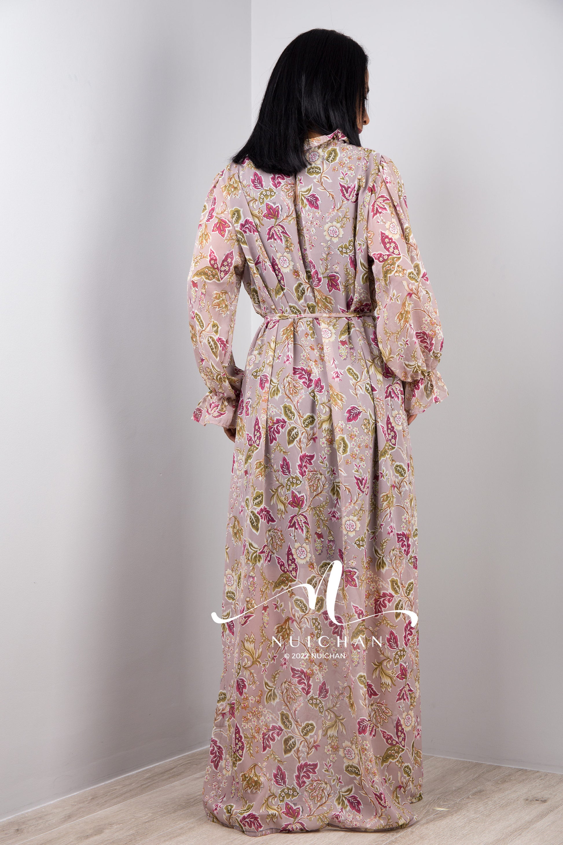 Nuichan women's chiffon maxi dress, long sleeve floral dress .