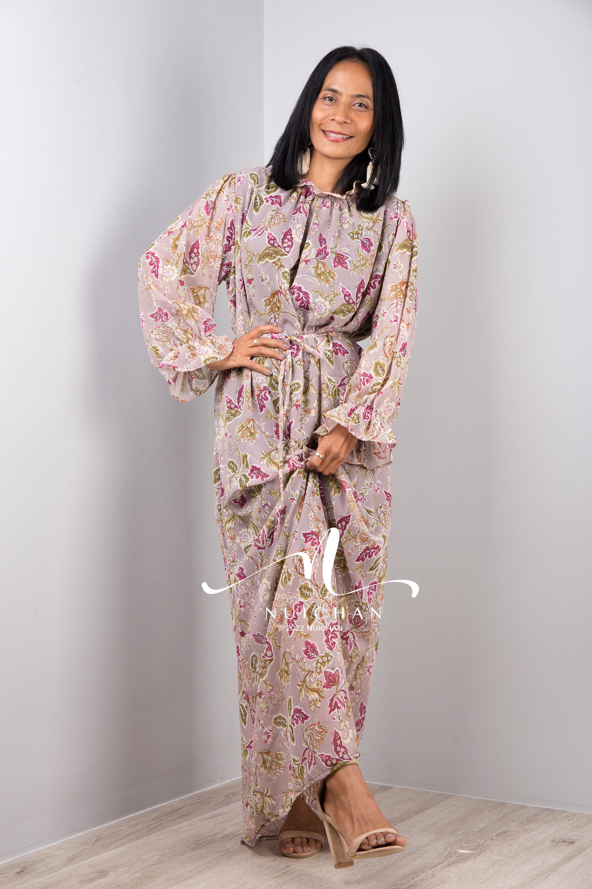 Nuichan women's chiffon maxi dress, long sleeve floral dress .