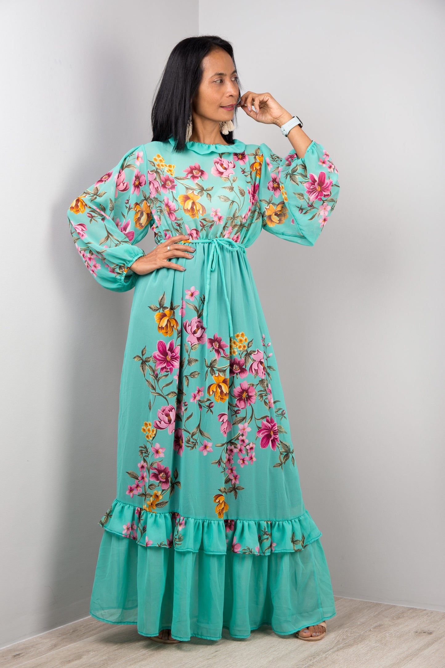 Nuichan women's chiffon maxi dress, long sleeve floral dress in green.