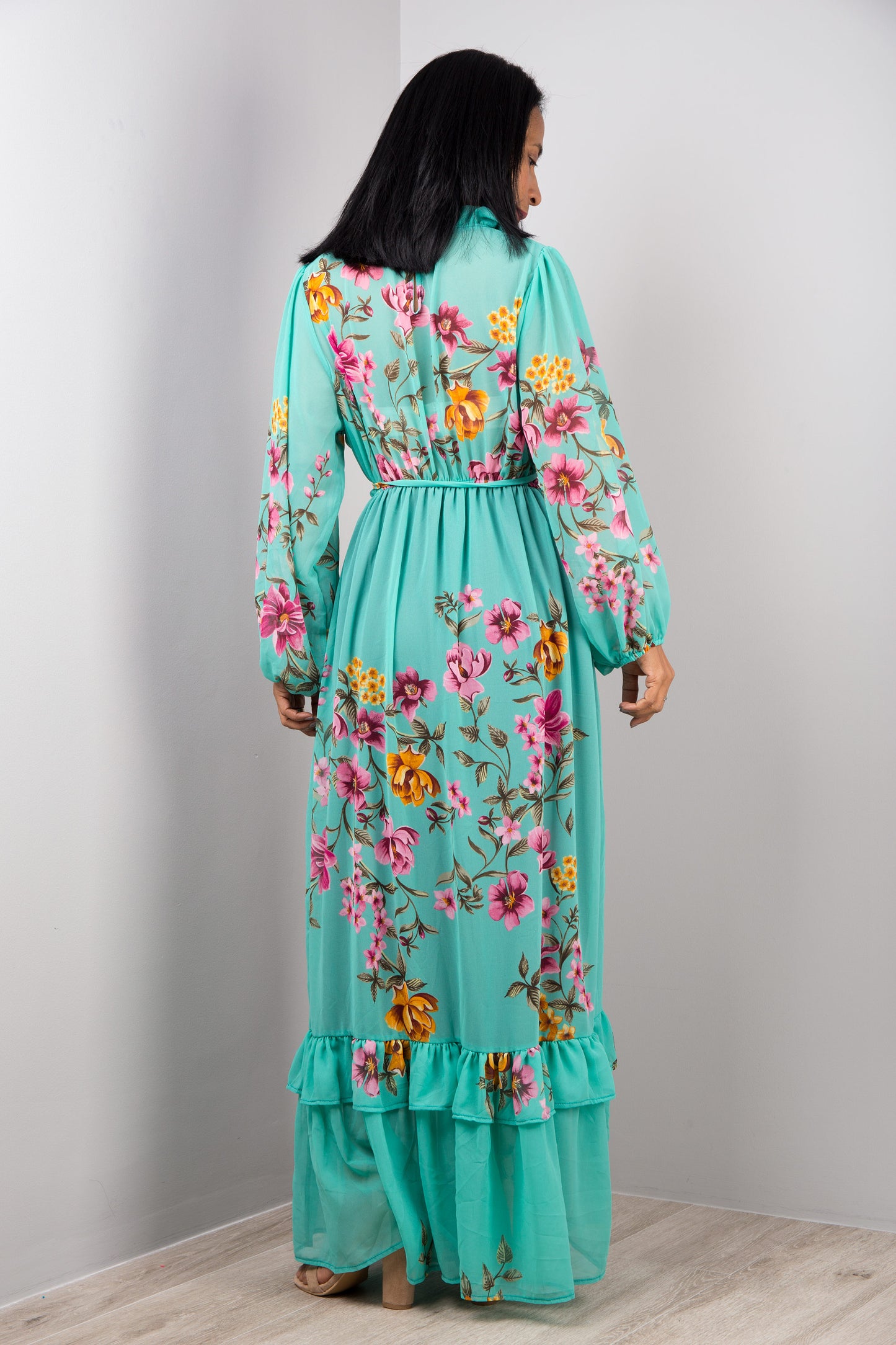 Nuichan women's chiffon maxi dress, long sleeve floral dress in green.