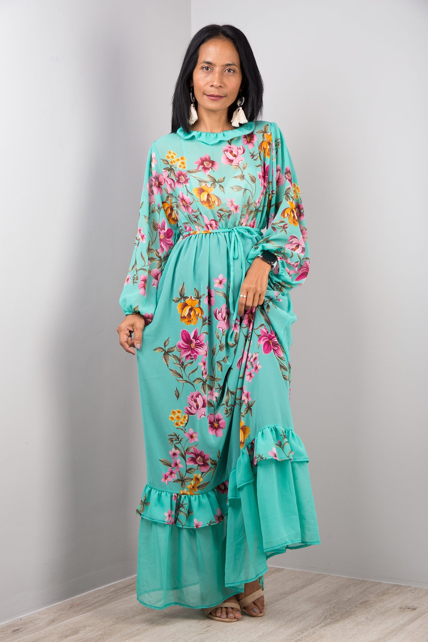 Nuichan women's chiffon maxi dress, long sleeve floral dress in green.