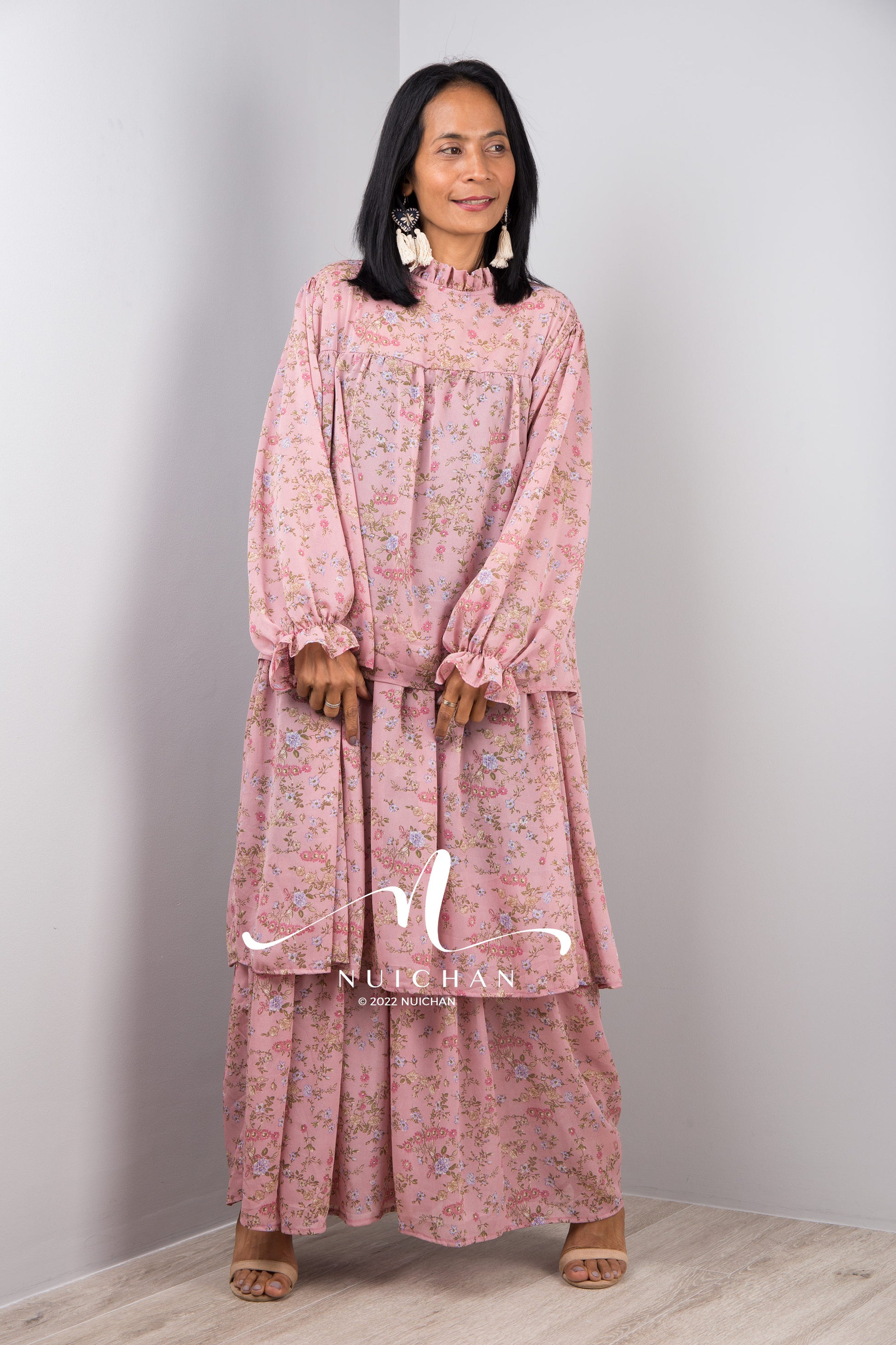 Nuichan women's modest maxi dress, long sleeve dress in chiffon fabric