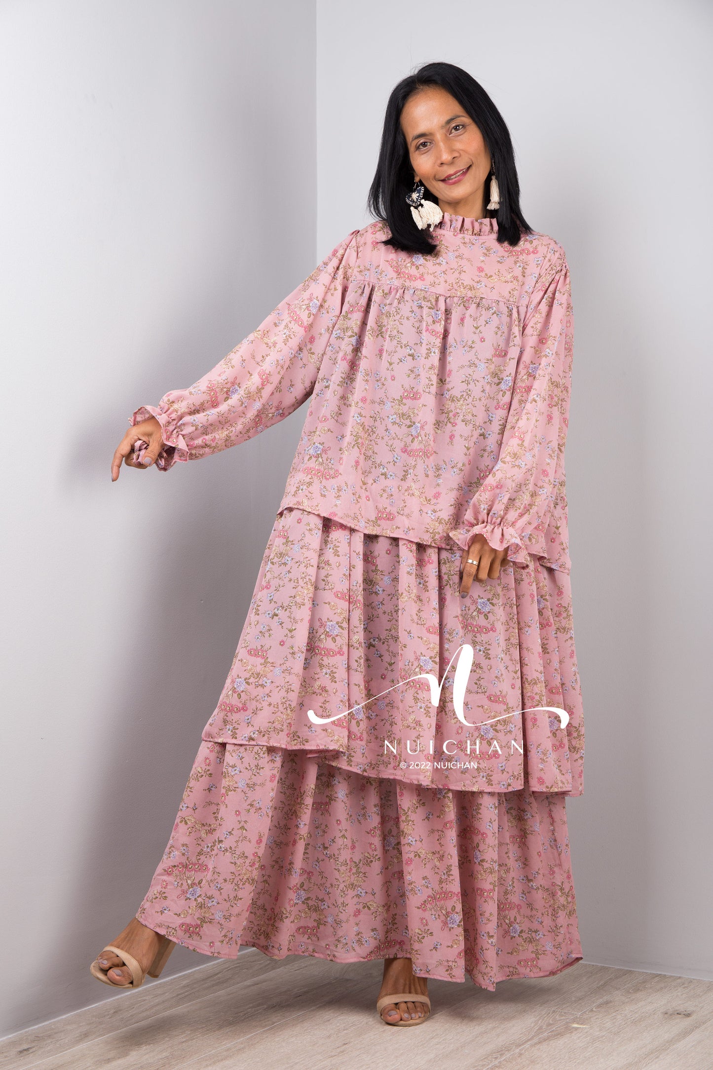 Nuichan women's modest maxi dress, long sleeve dress in chiffon fabric