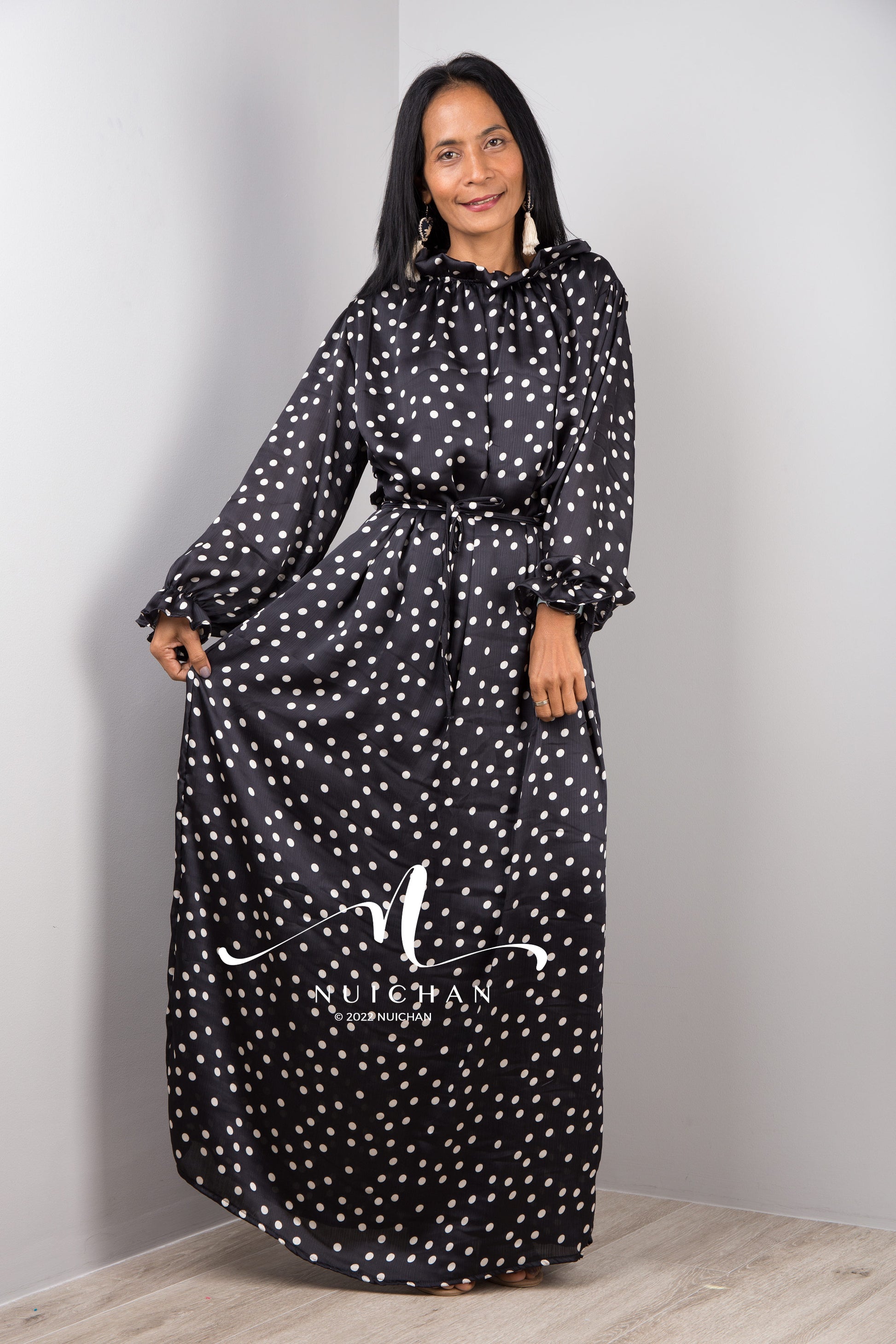 Black Chiffon Maxi Dress with polka dots and long Sleeves Modest Gown dress with ruffles at sleeves