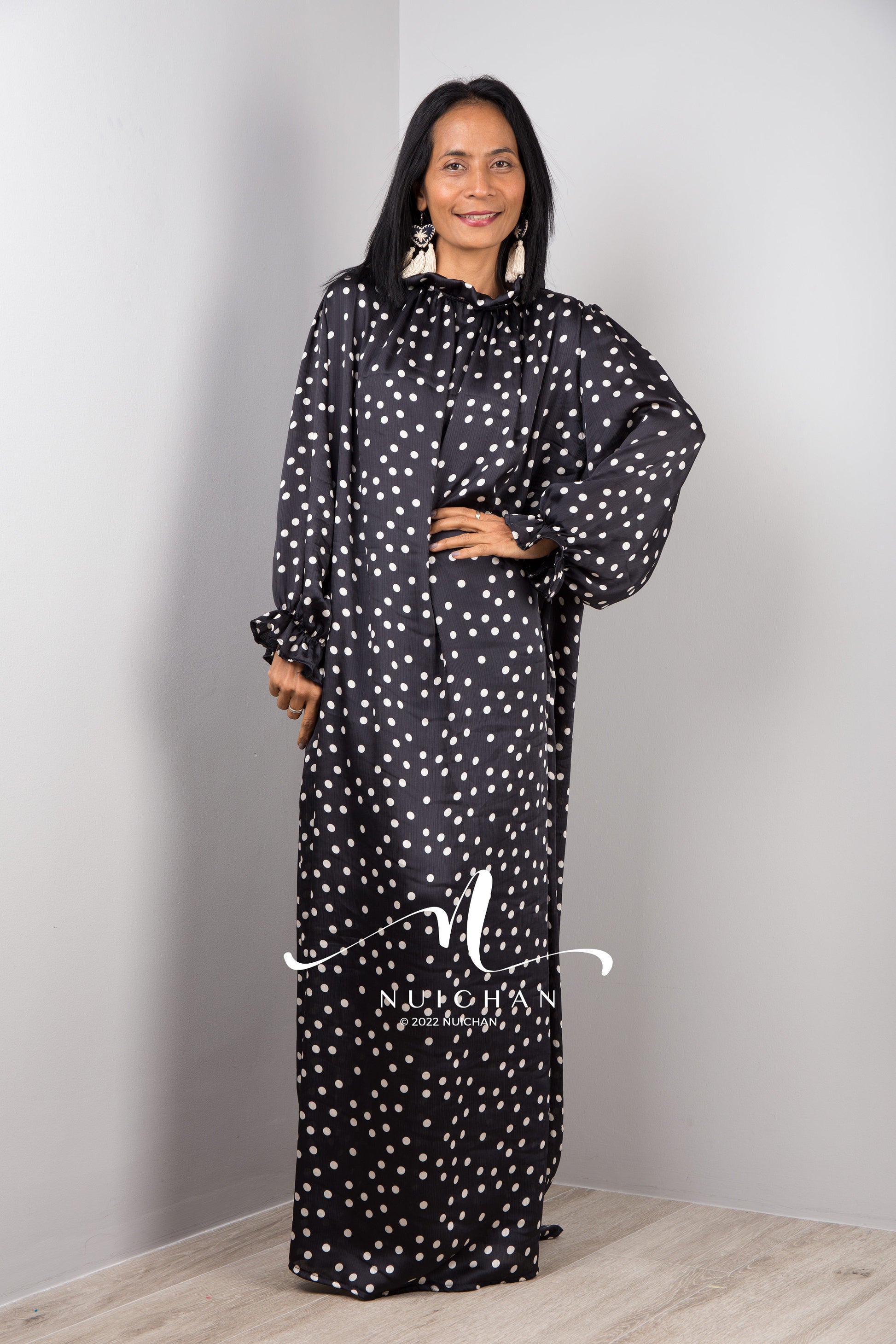 Black Chiffon Maxi Dress with polka dots and long Sleeves Modest Gown dress with ruffles at sleeves