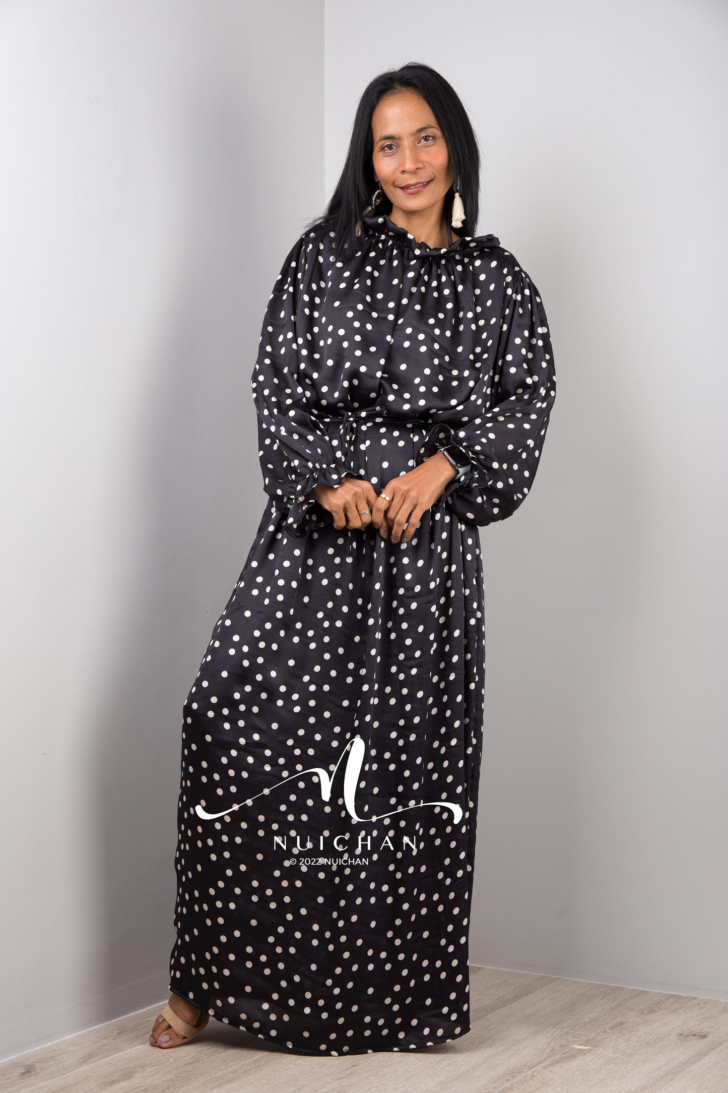 Black Chiffon Maxi Dress with polka dots and long Sleeves Modest Gown dress with ruffles at sleeves