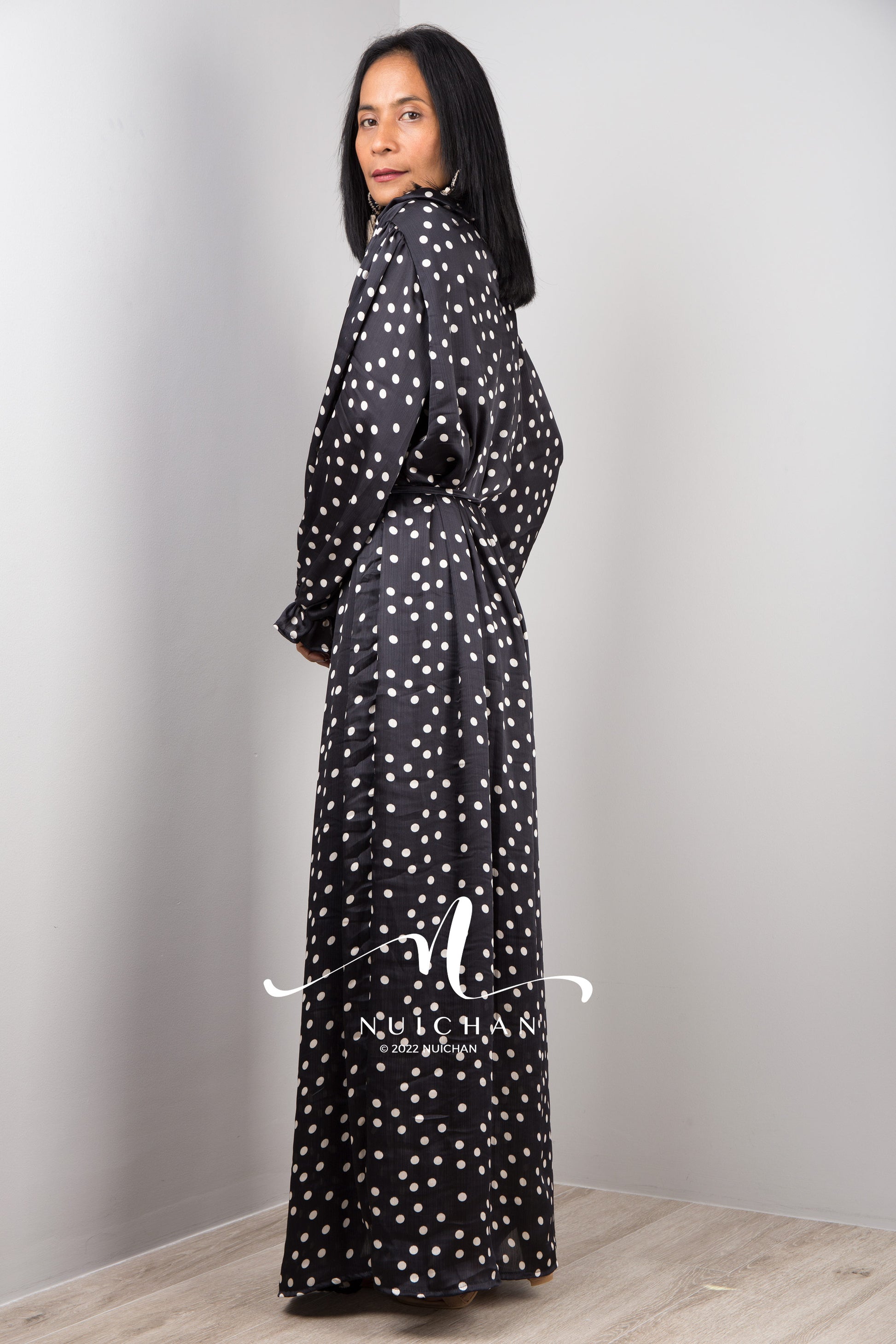 Black Chiffon Maxi Dress with polka dots and long Sleeves Modest Gown dress with ruffles at sleeves