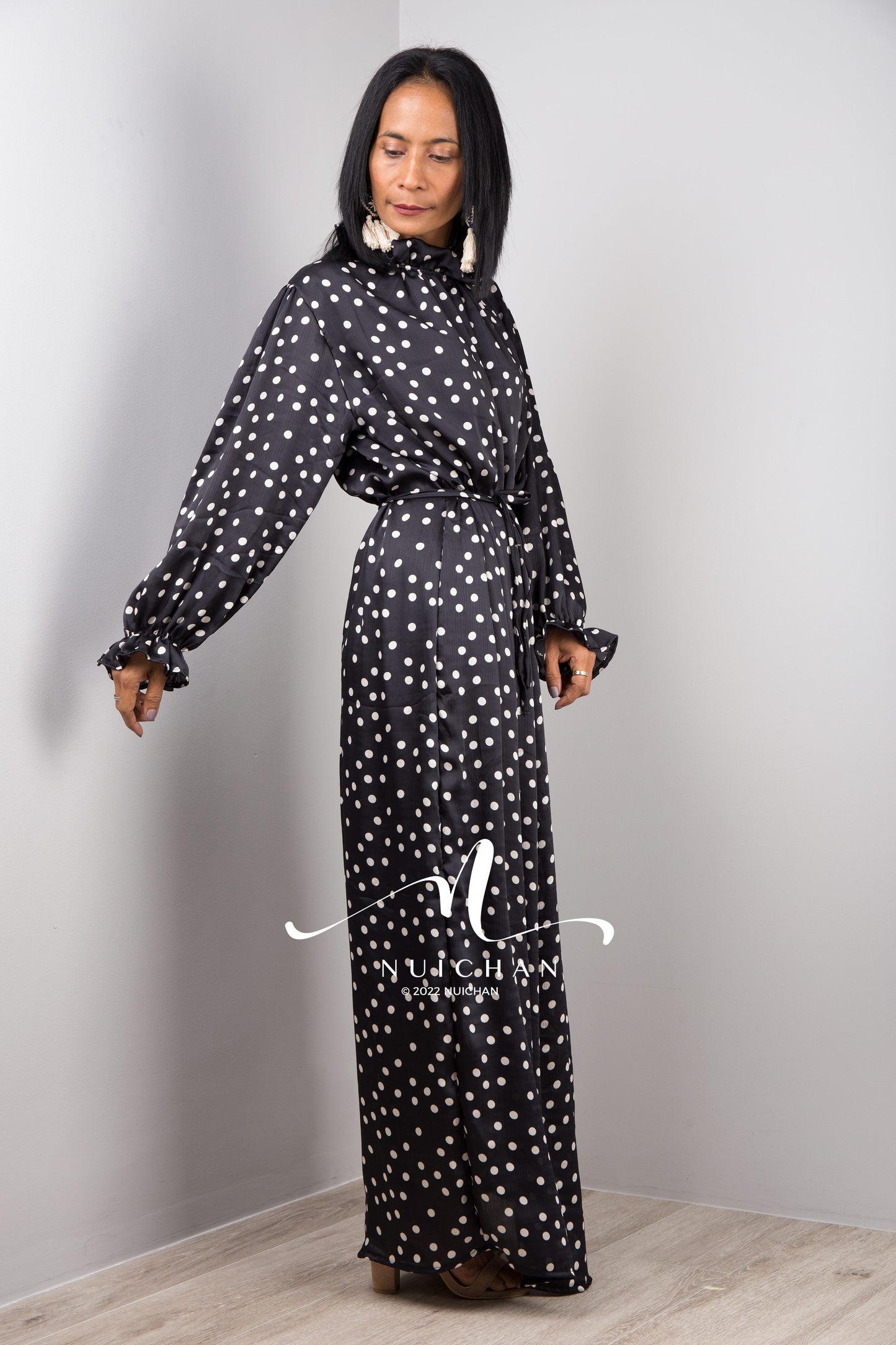 Black Chiffon Maxi Dress with polka dots and long Sleeves Modest Gown dress with ruffles at sleeves