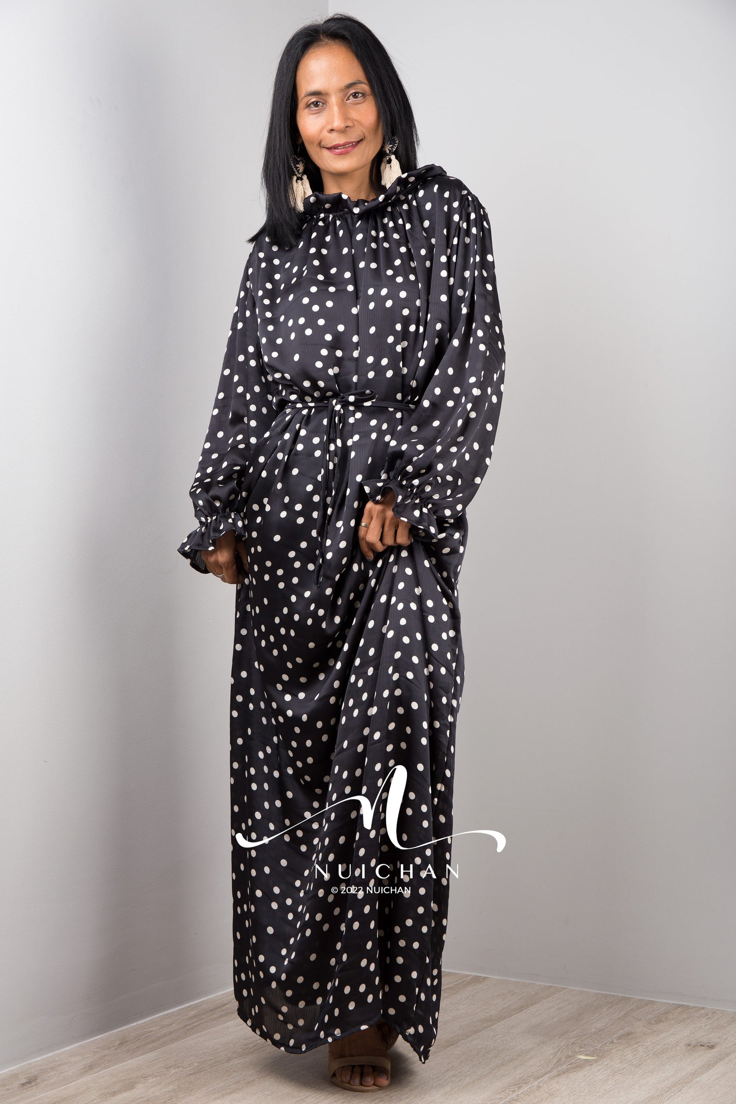 Black Chiffon Maxi Dress with polka dots and long Sleeves Modest Gown dress with ruffles at sleeves