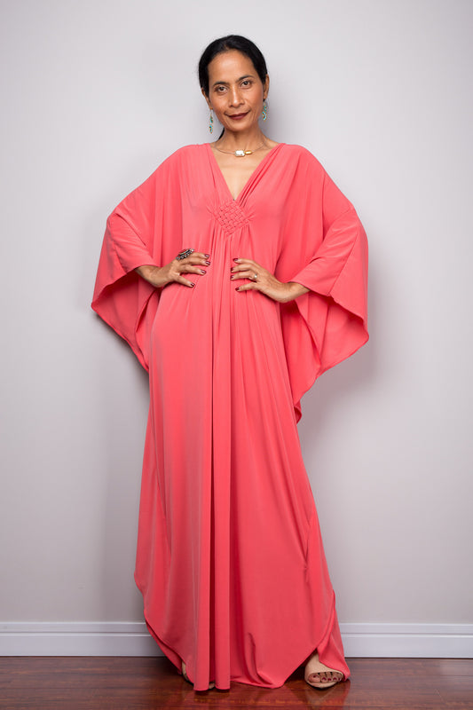 Coral pink kaftan with plunging neckline - Braided detail at chest