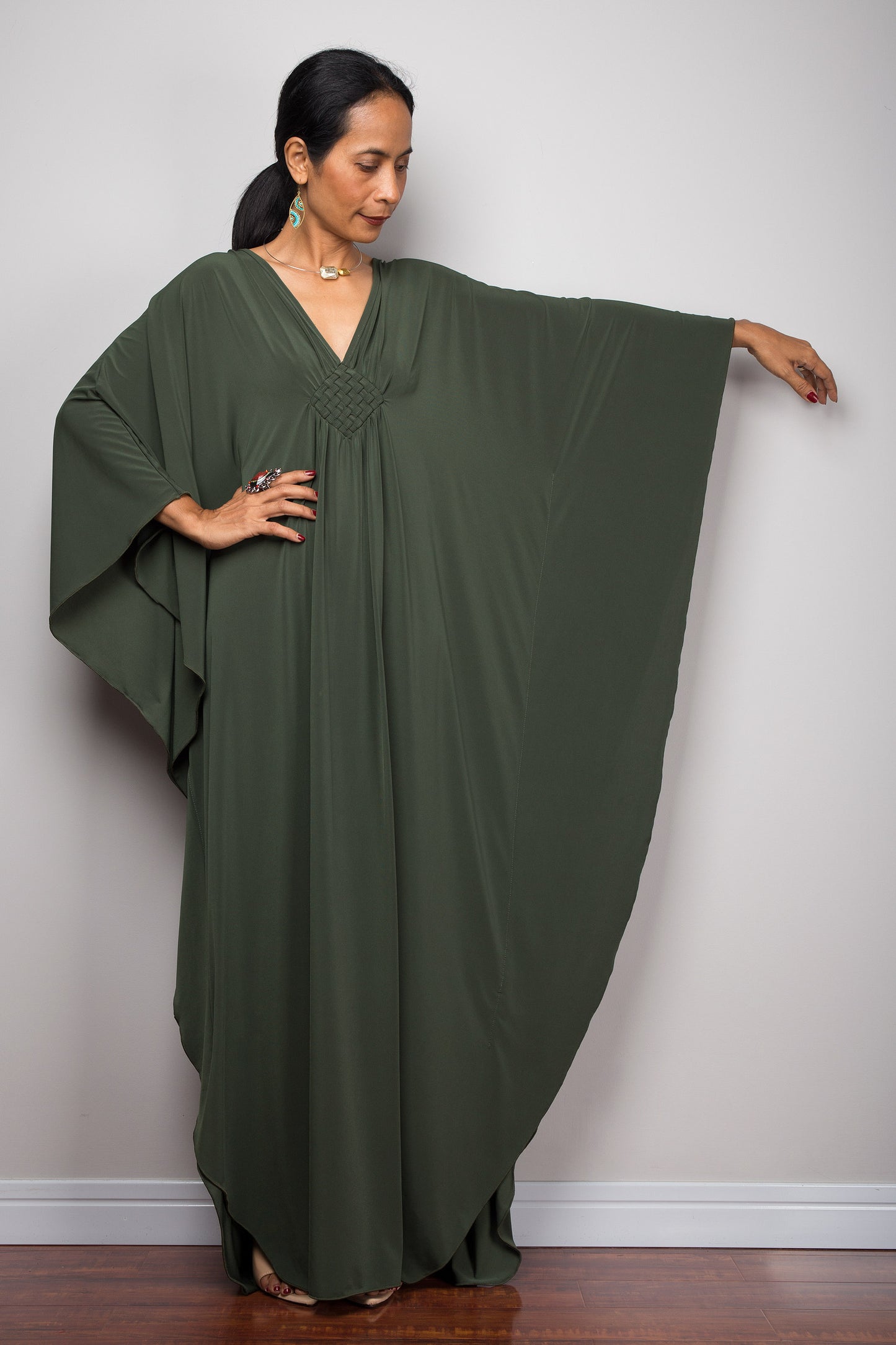 Dark Green Kimono kaftan dress by Nuichan. Batwing sleeve and v neck design